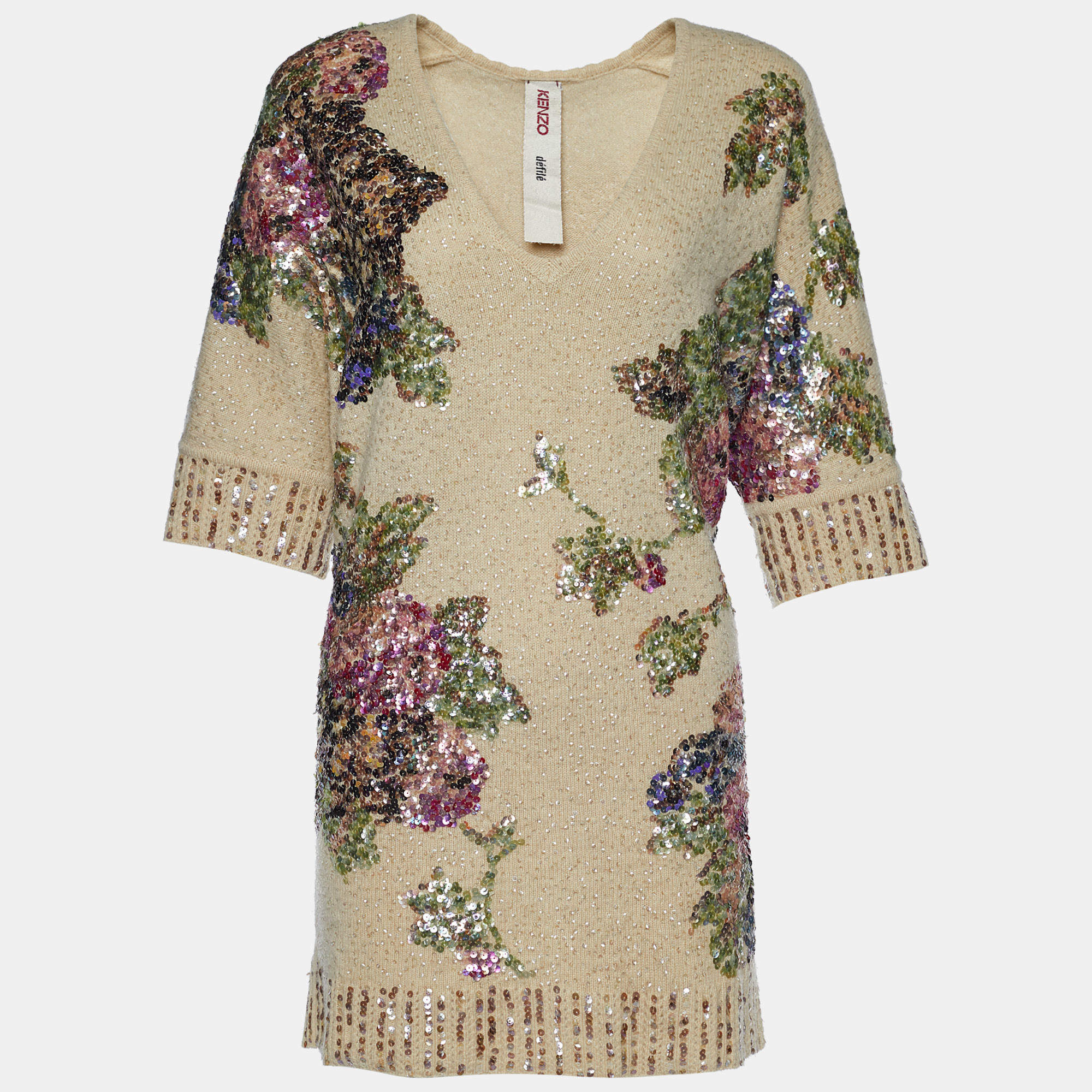 Pre Owned Kenzo Beige Floral Sequin Embellished Wool V-Neck Jumper S