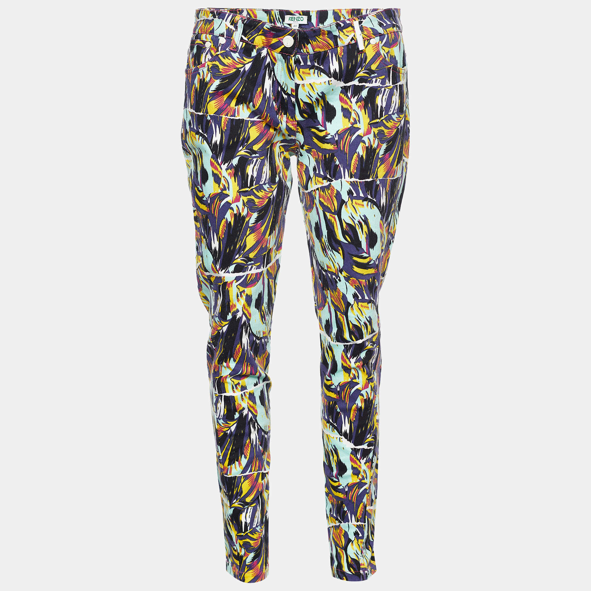 Kenzo Multicolor Printed Stretch Cotton Tapered Jeans Waist: 33"