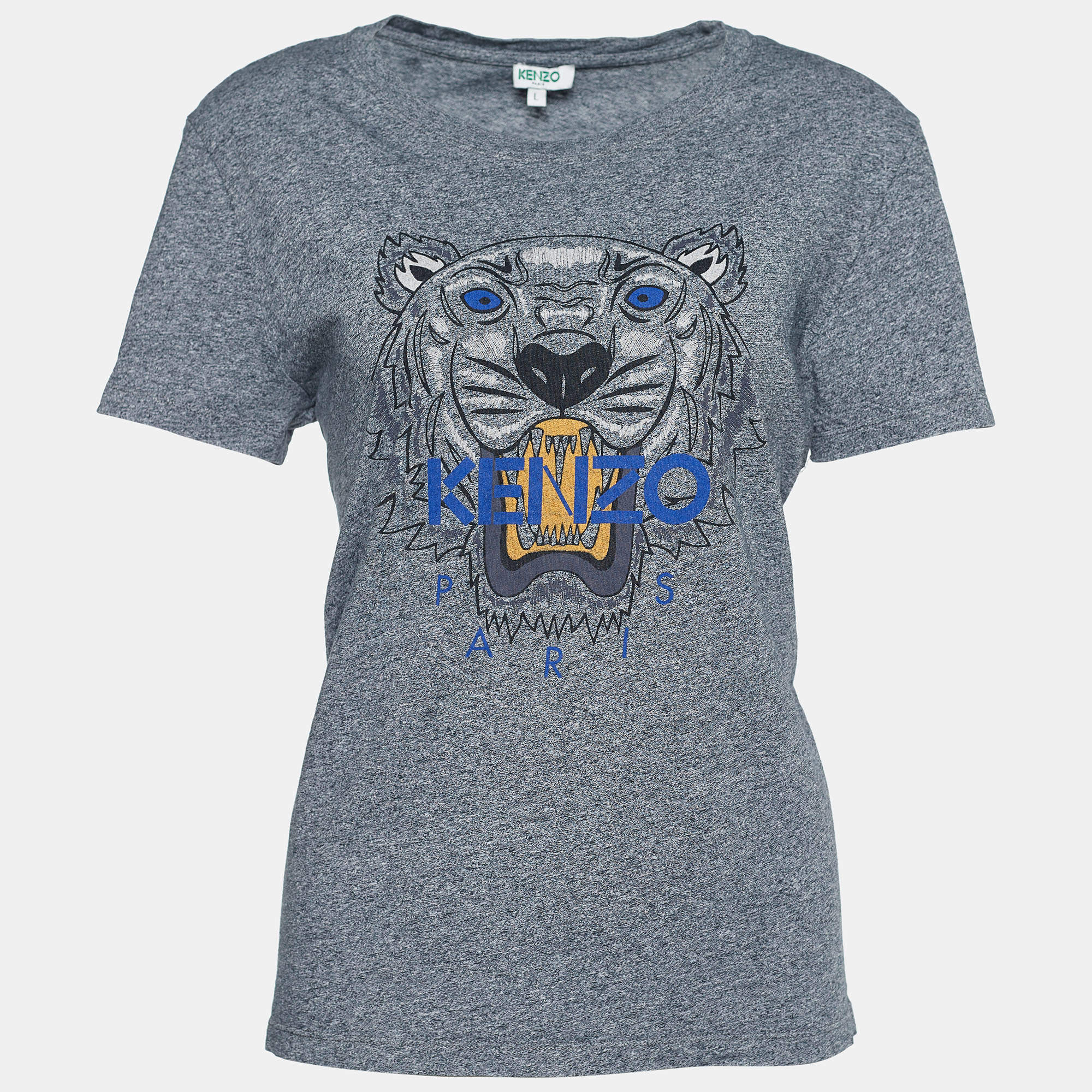Pre Owned Kenzo Grey Melange Jersey Tiger Print T-Shirt L