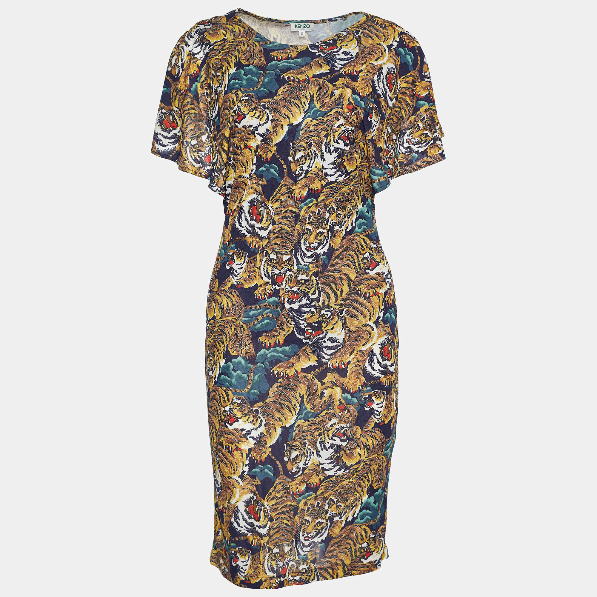 مملوكة مسبقًا Kenzo Blue Tiger Print Jersey Cutout Back Dress S
