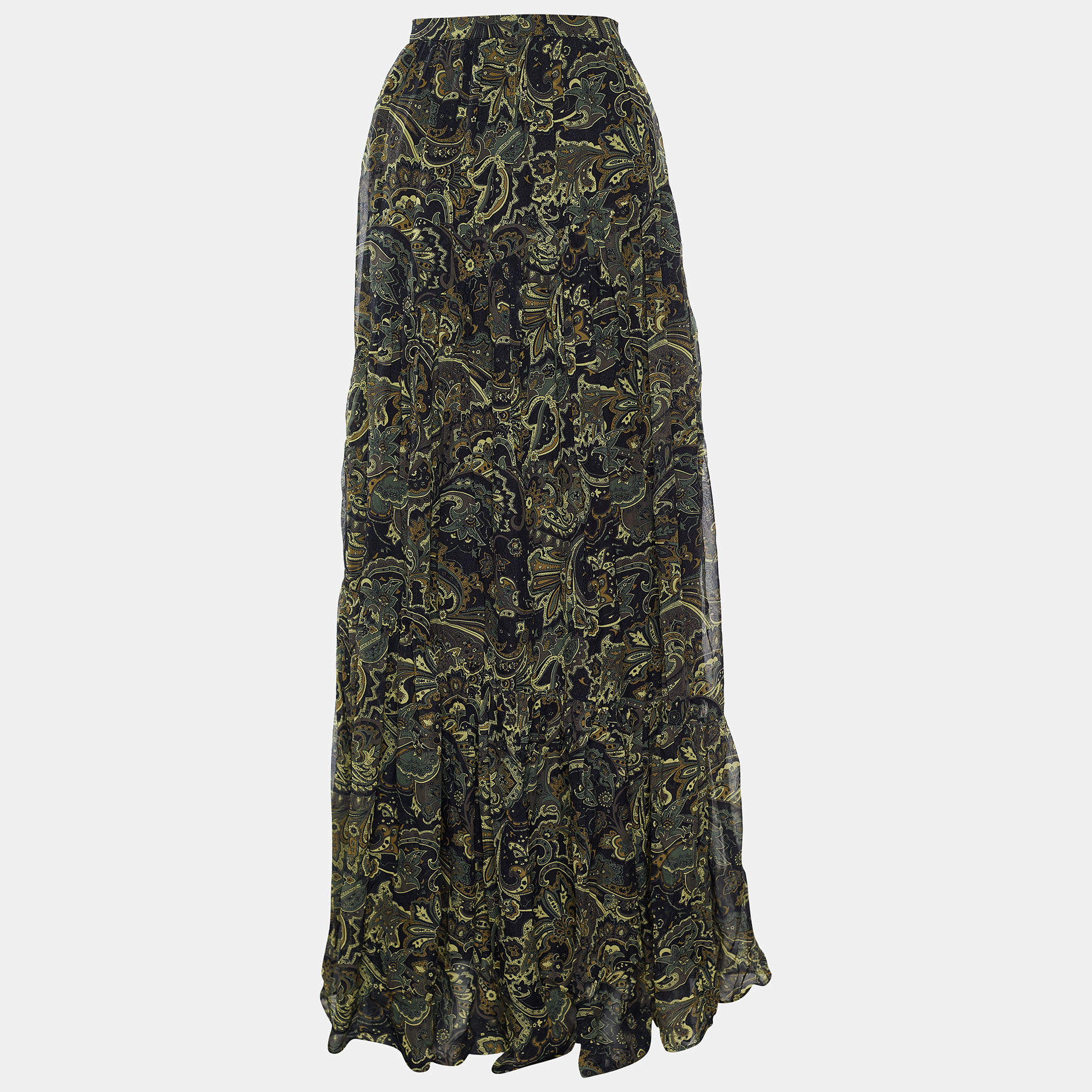 Kenzo Defile Black Paisley Print Silk Maxi Skirt L