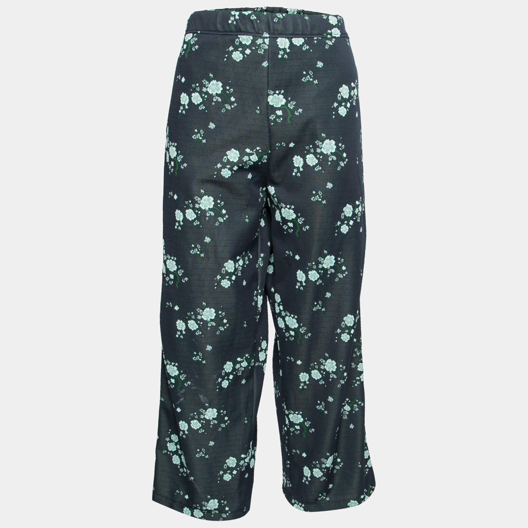 Pre Owned Kenzo Navy Blue Floral Embroidered Side Logo Tape Pants XL