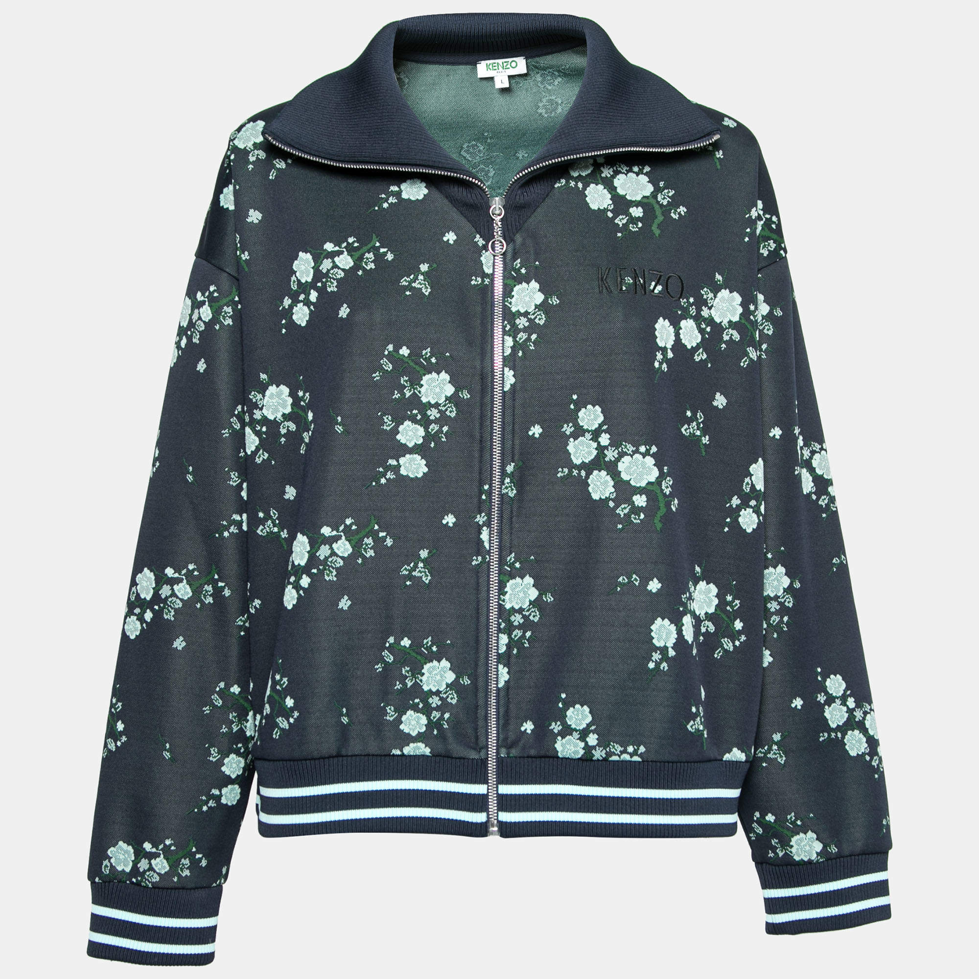 Pre Owned جاكيت كينزو تريكو أزرق كحلي مطرز مورد بسحاب أمامي مقاس كبير- لارج