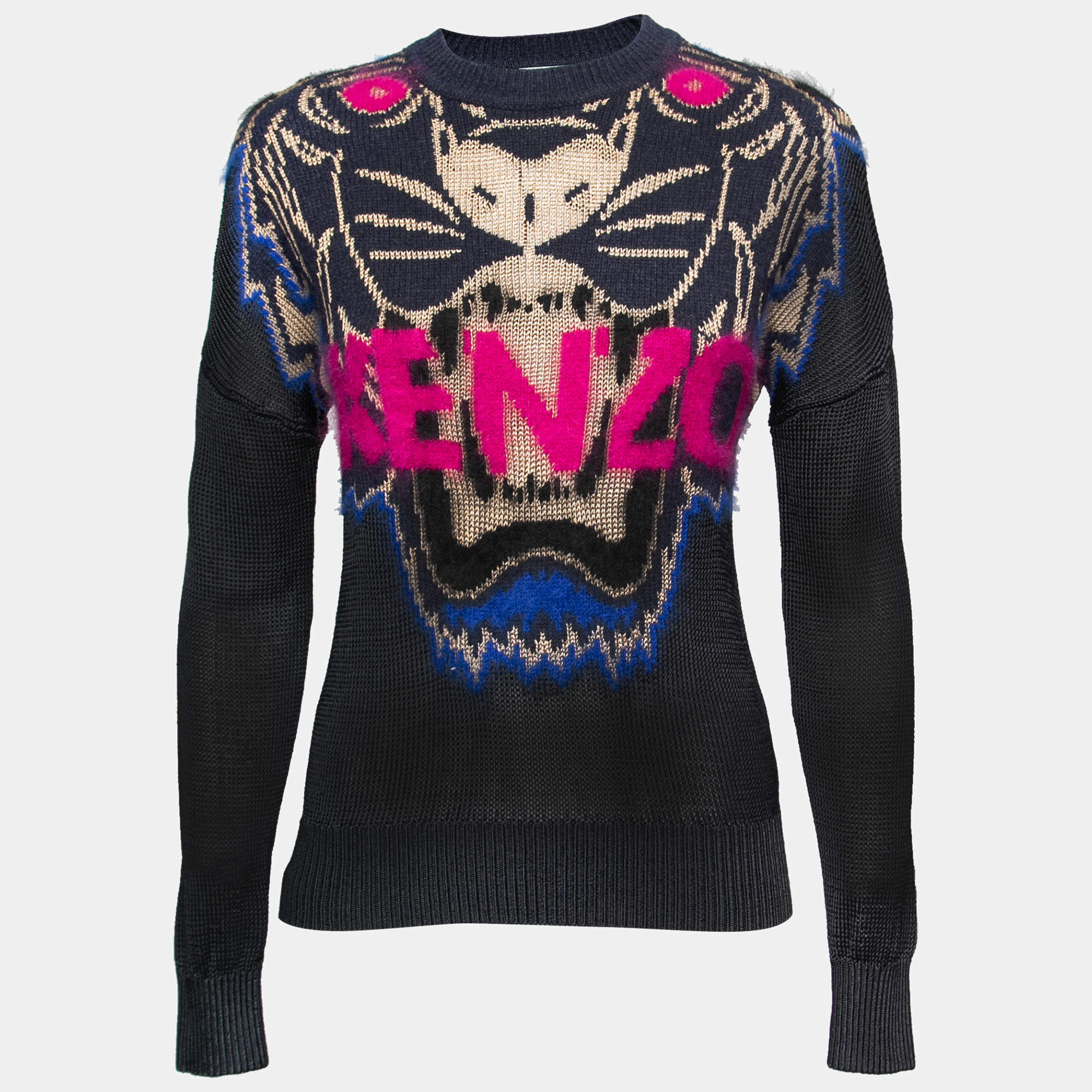 Pre Owned Kenzo Navy Blue Tiger Motif Jacquard Knit Sweater M