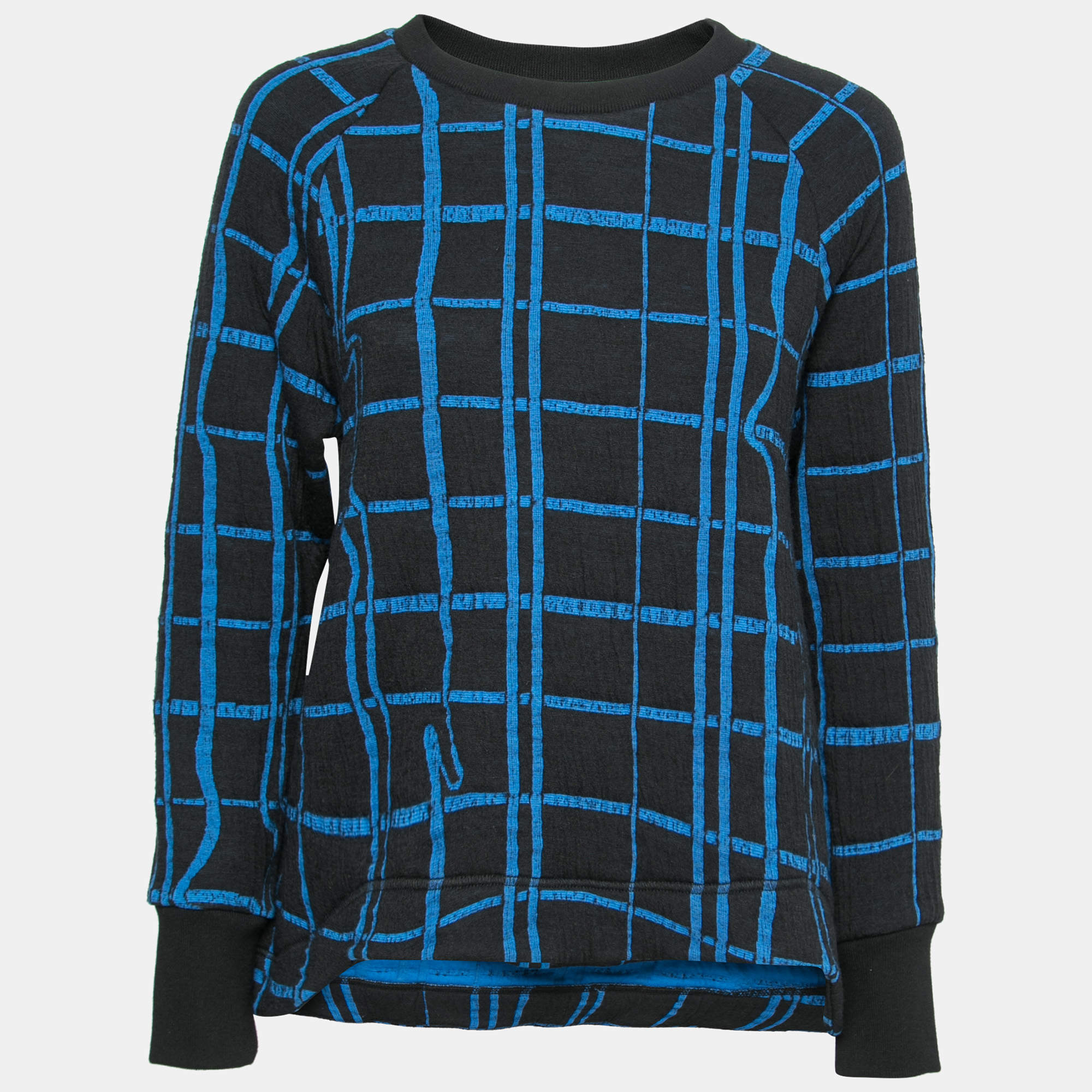 Pre Owned Kenzo Blue and Black Checkered Printed Knit Long Sleeve Crew Neck Sweater L