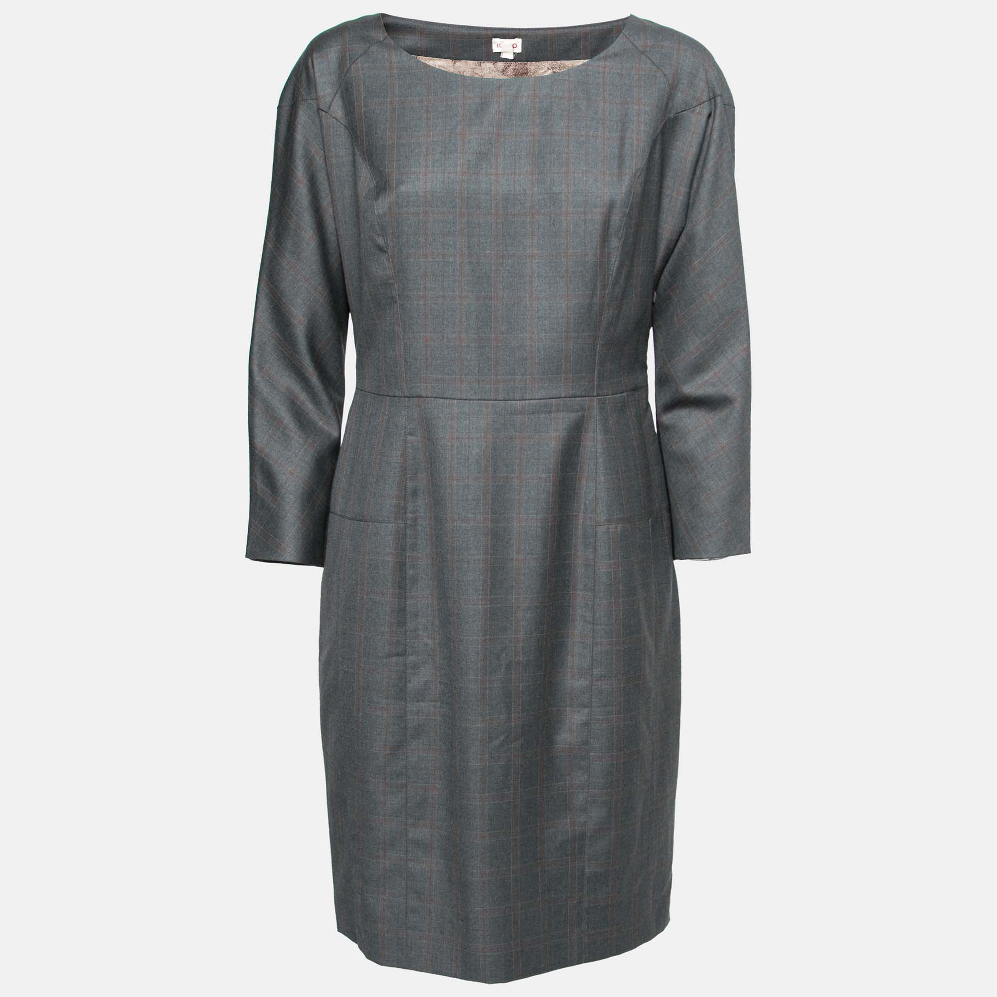 مملوكة مسبقًا Kenzo Grey Plaid Wool Sheath Dress L