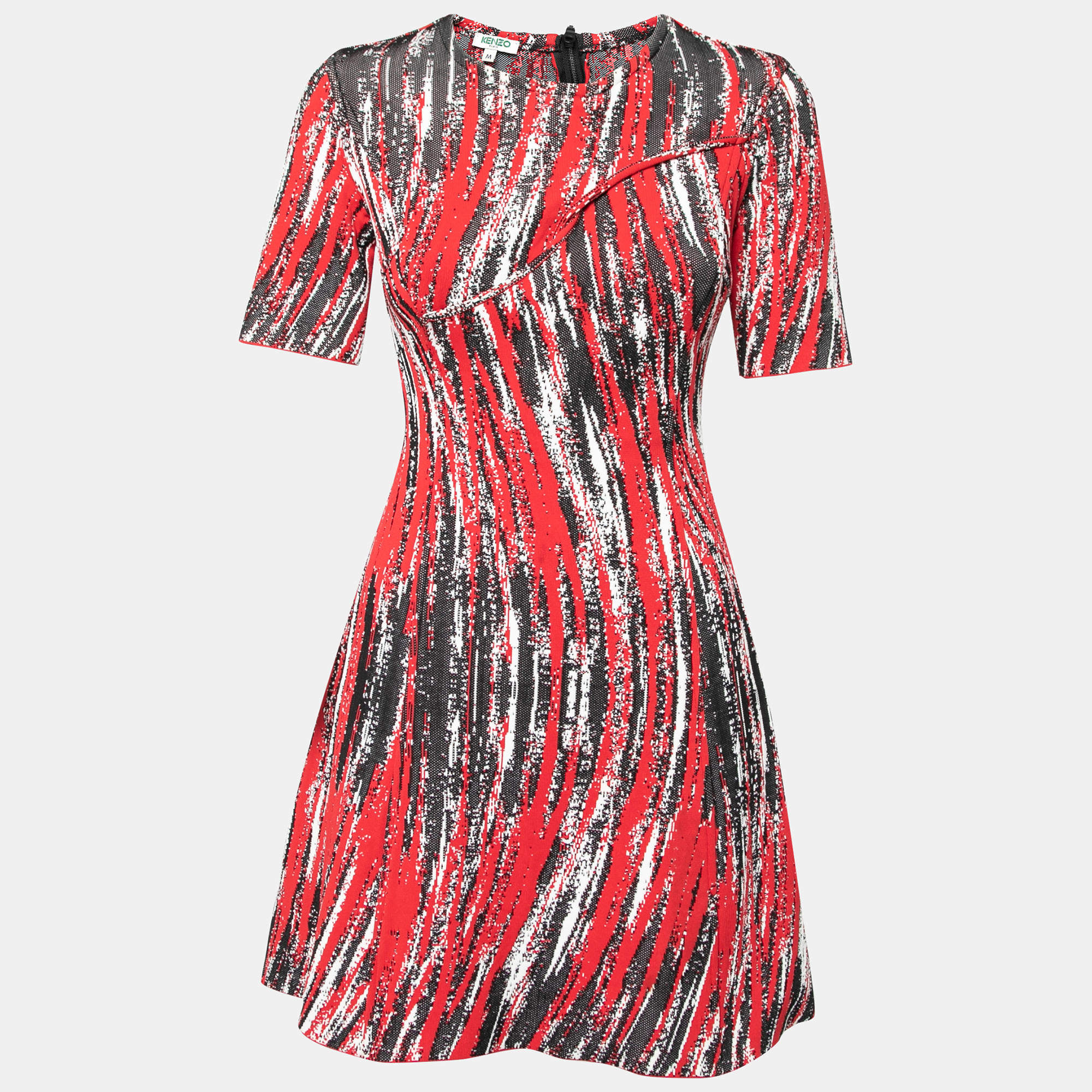 مملوكة مسبقًا Kenzo Red Knit High Waves Flared Midi Dress M