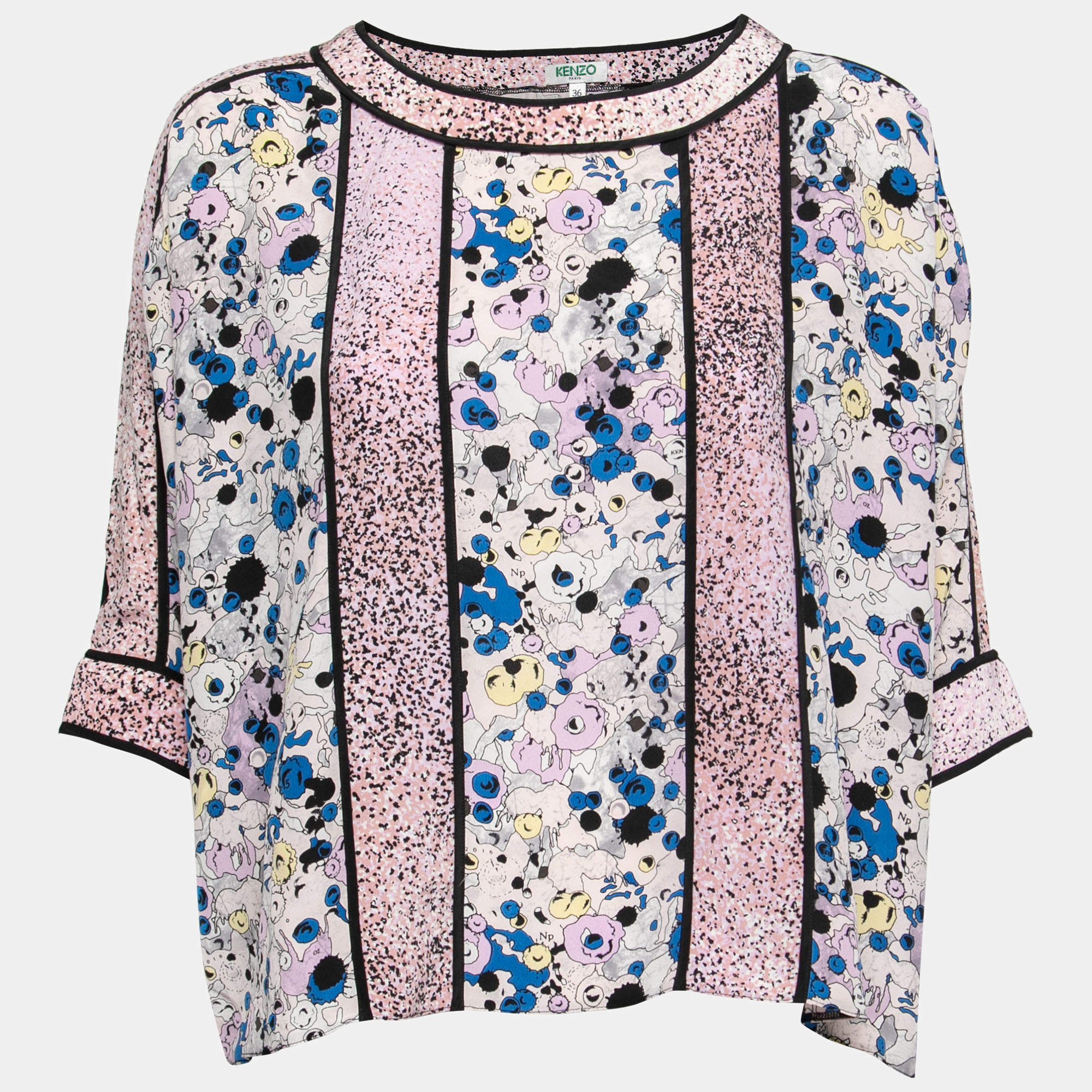 Pre Owned Kenzo Purple Printed Silk Round Neck Blouse S