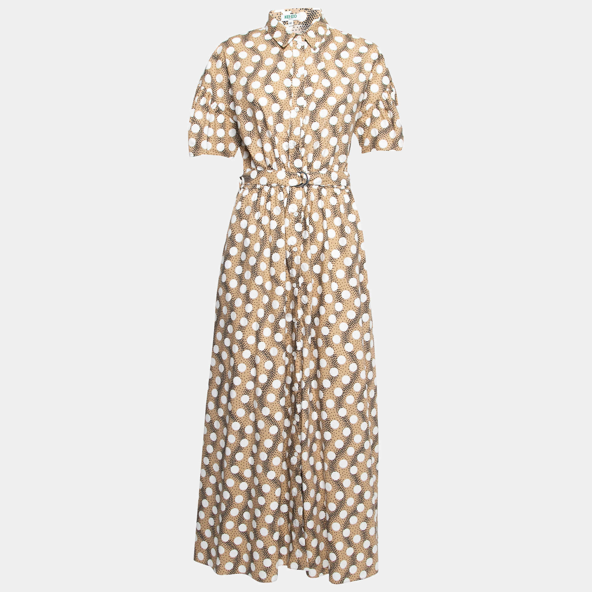 Pre Owned Kenzo Beige Polka Dotted Cotton Button Front Belted Shirt Dress M