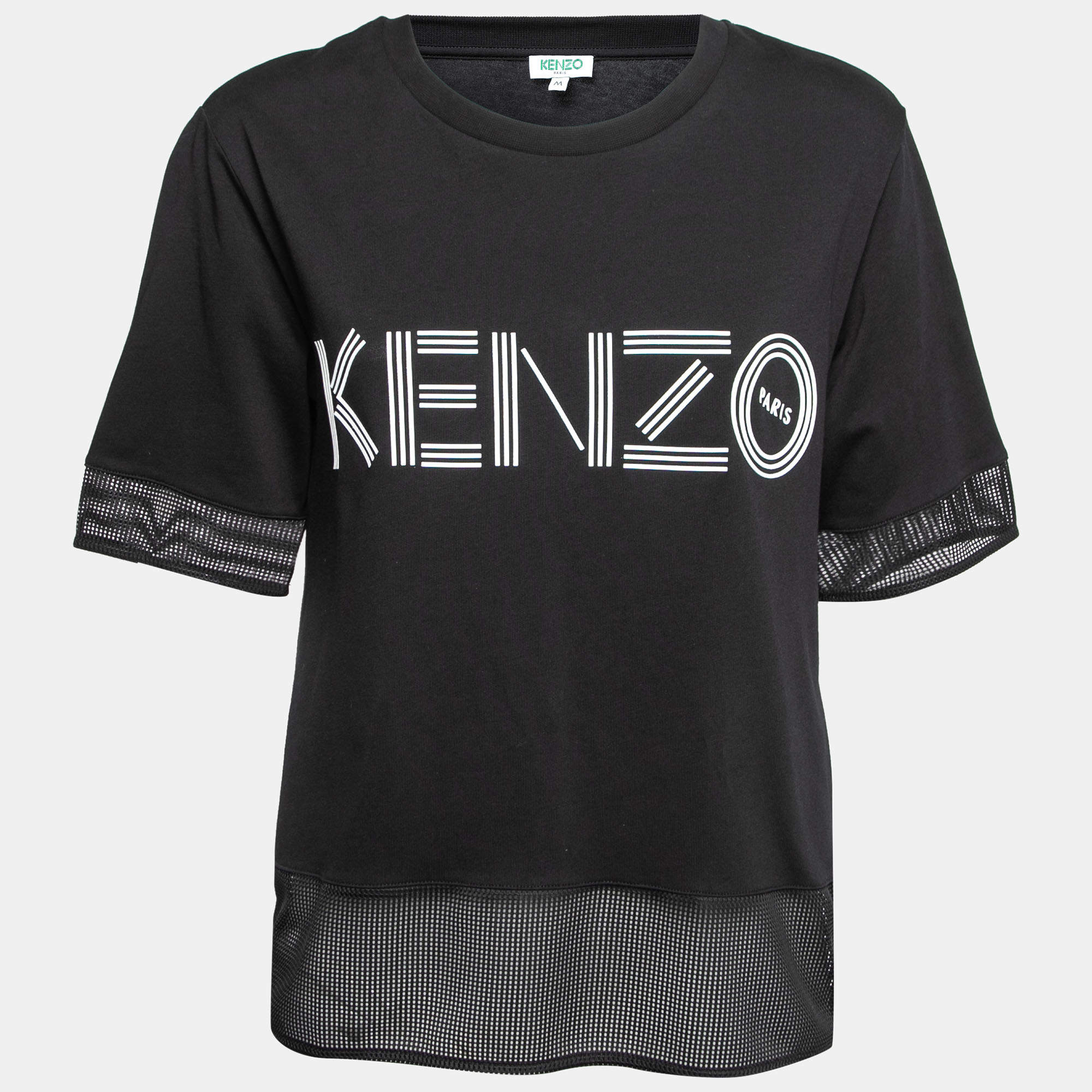 مملوكة مسبقًا Kenzo Black Logo Print Mesh Detail Cotton Top M