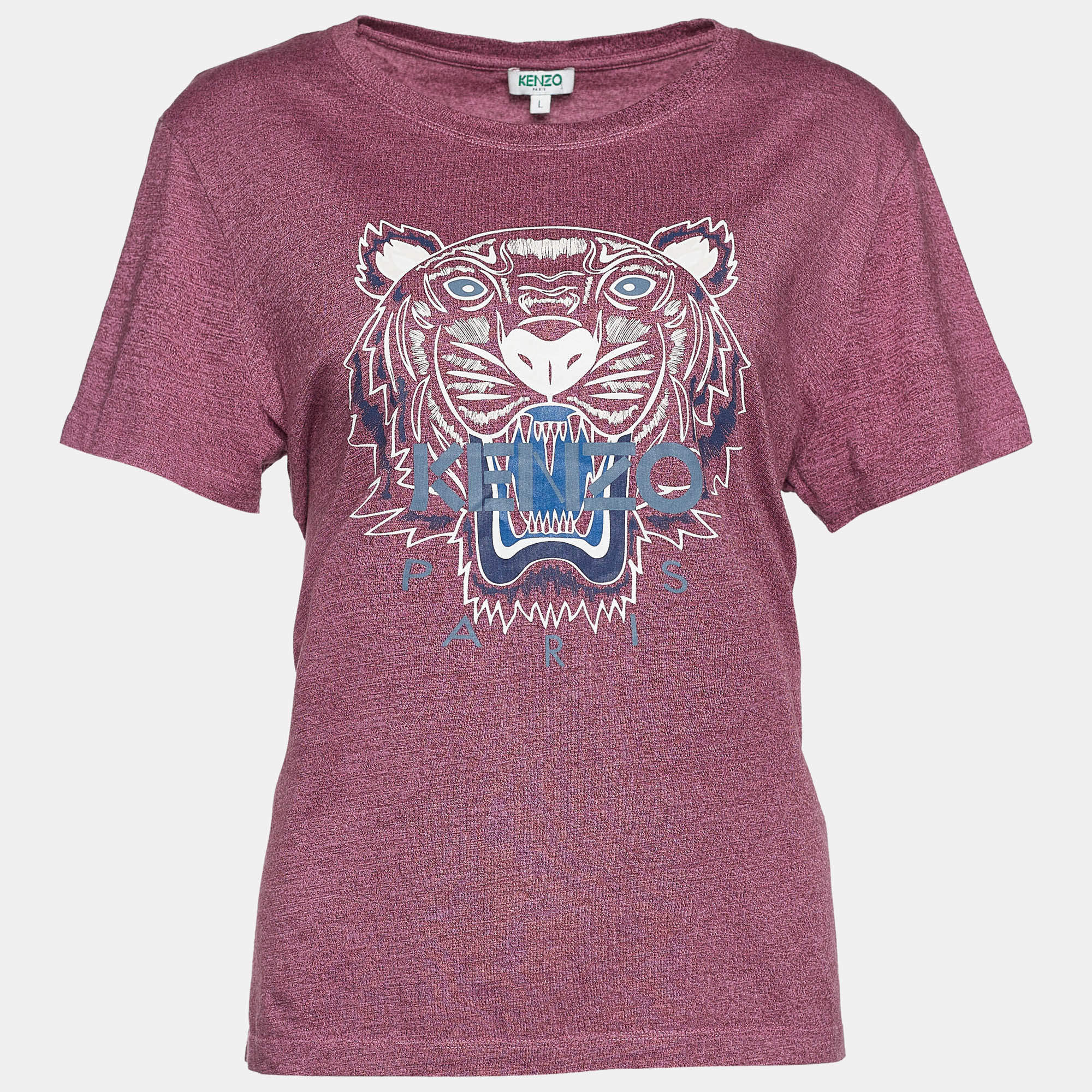 Pre Owned Kenzo Pink Tiger Print Melange Cotton Crew Neck T-Shirt L 