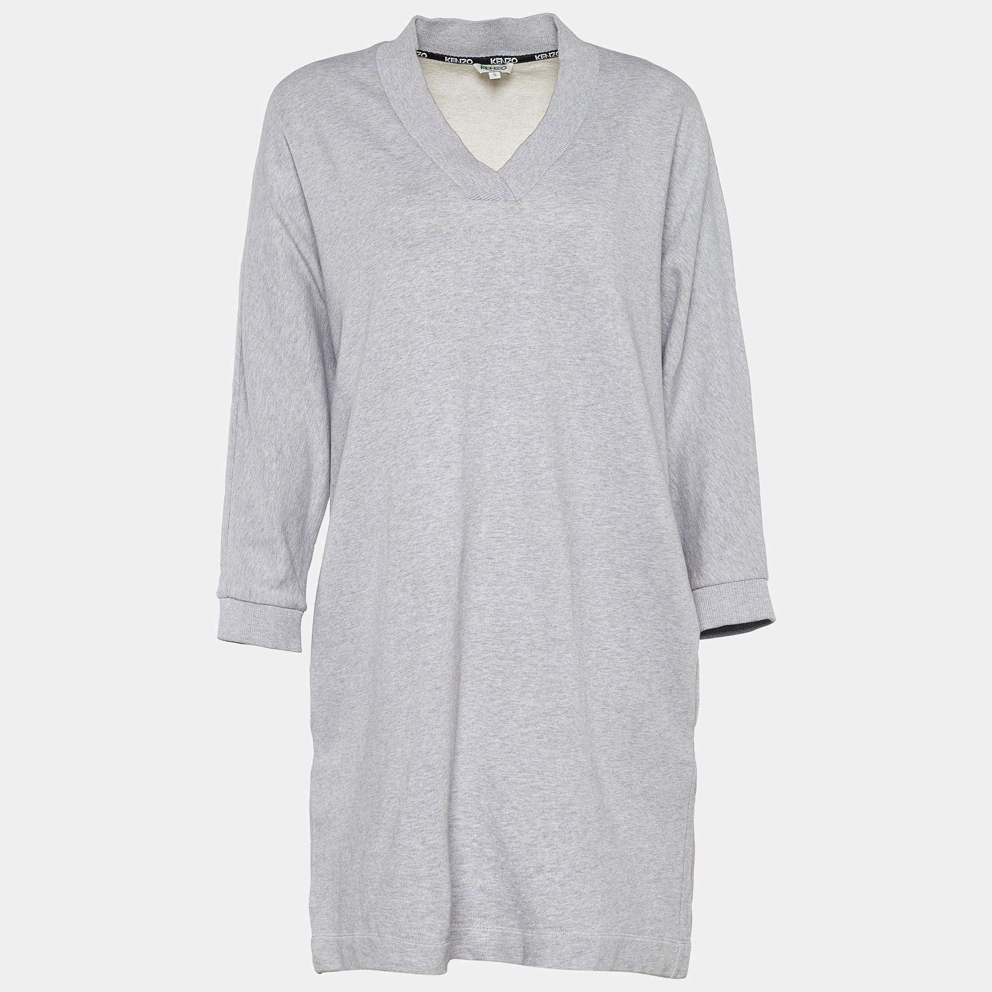 Pre Owned Kenzo Grey Logo Print Cotton Boxy Fit Shift Dress S