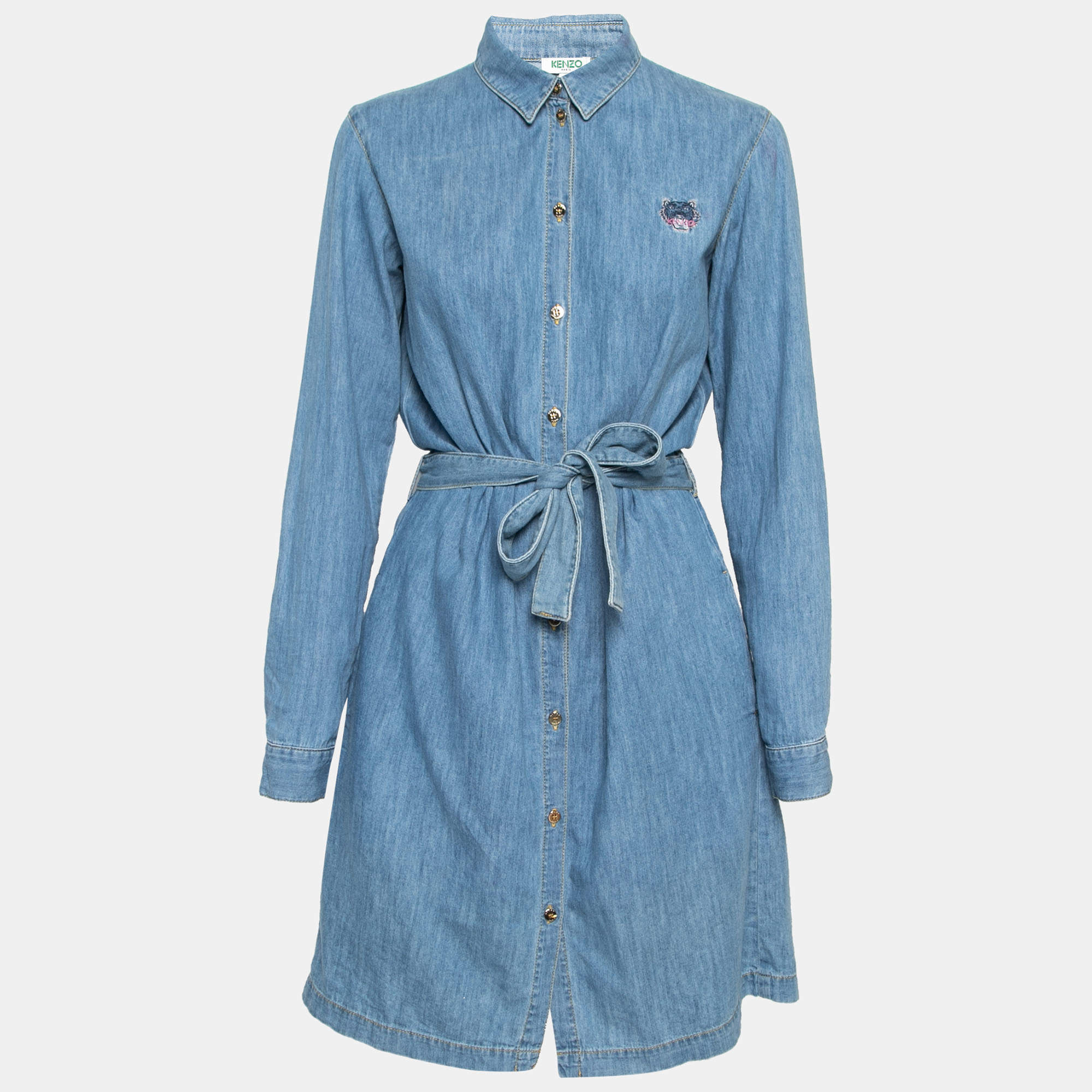 Pre Owned Kenzo Blue Washed Denim Tiger Embroidered Shirt Dress S