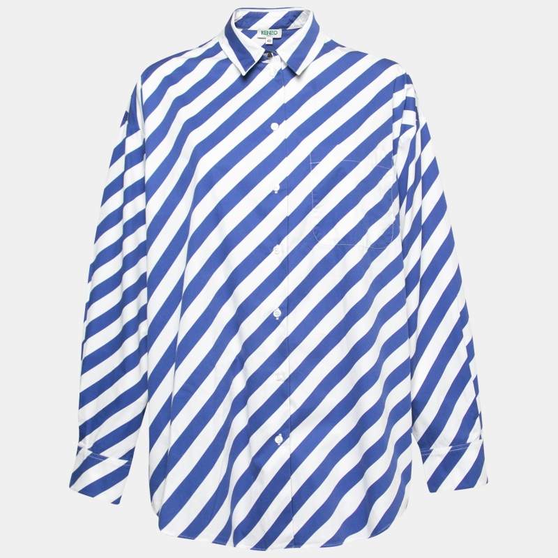 Pre Owned Kenzo Blue & White Striped Cotton Button Front Oversize Shirt M