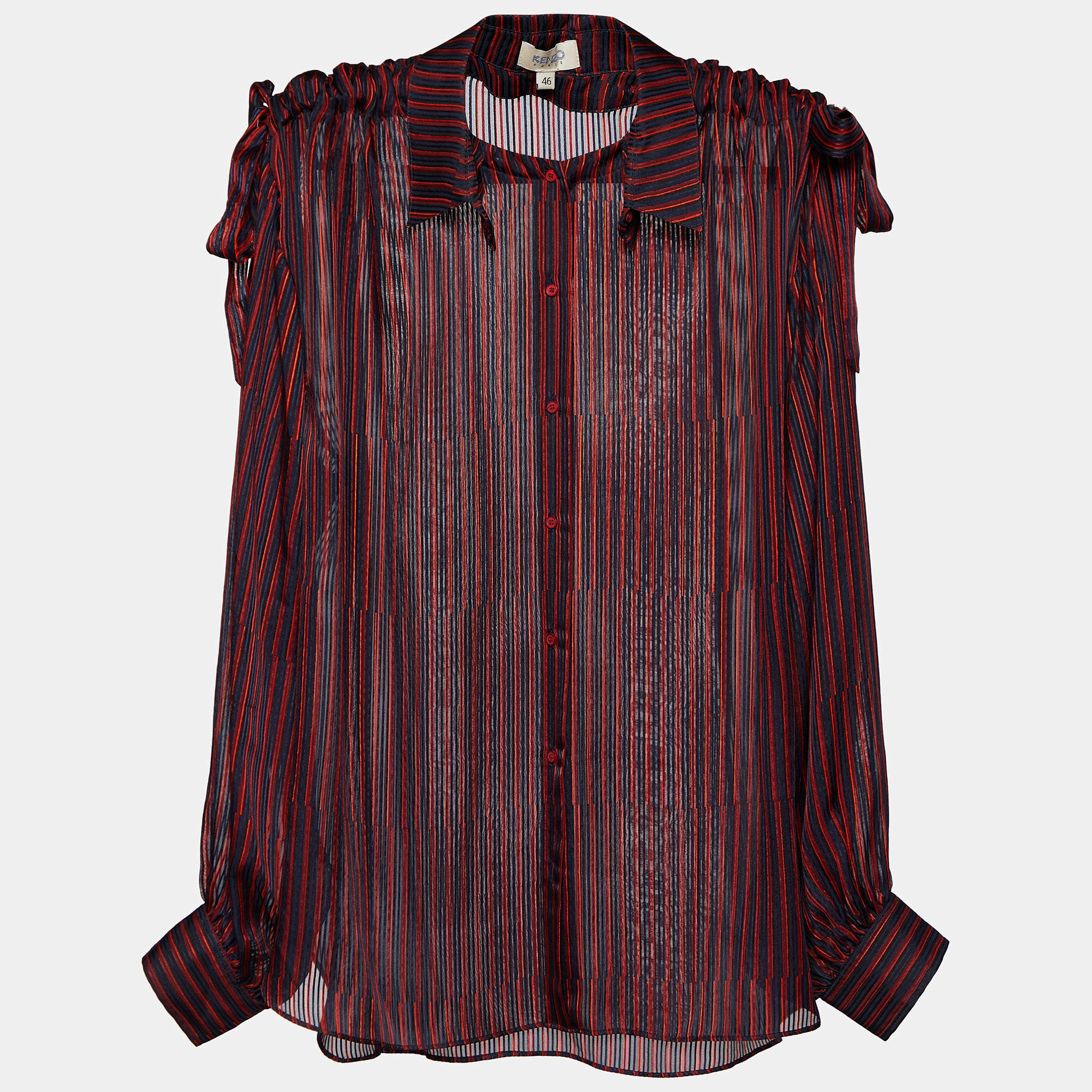 Pre Owned Kenzo Black Striped Silk Shoulder Tie Detail Button Front Blouse XL