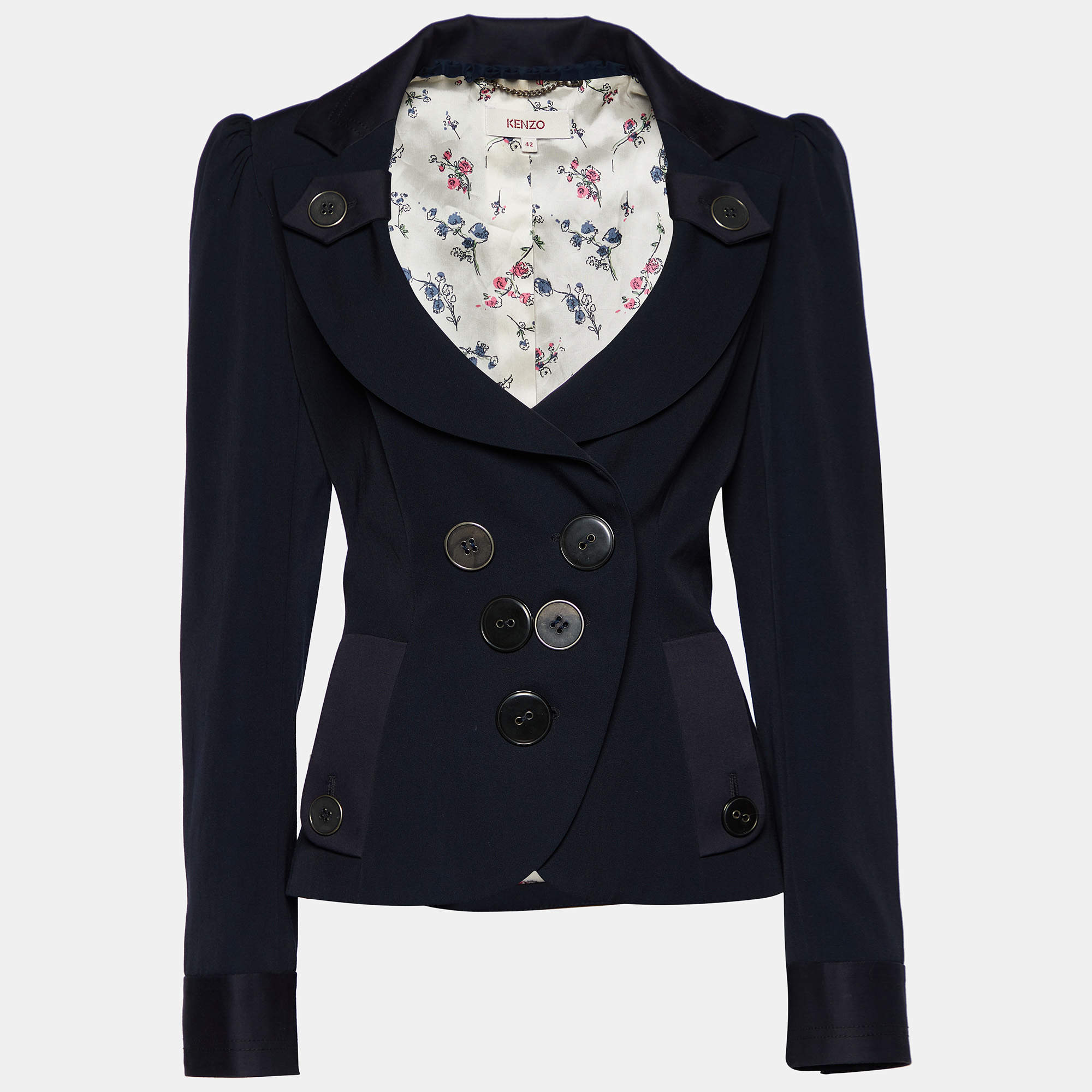 Pre Owned Kenzo Navy Blue Wool & Cotton Double Breasted Blazer L