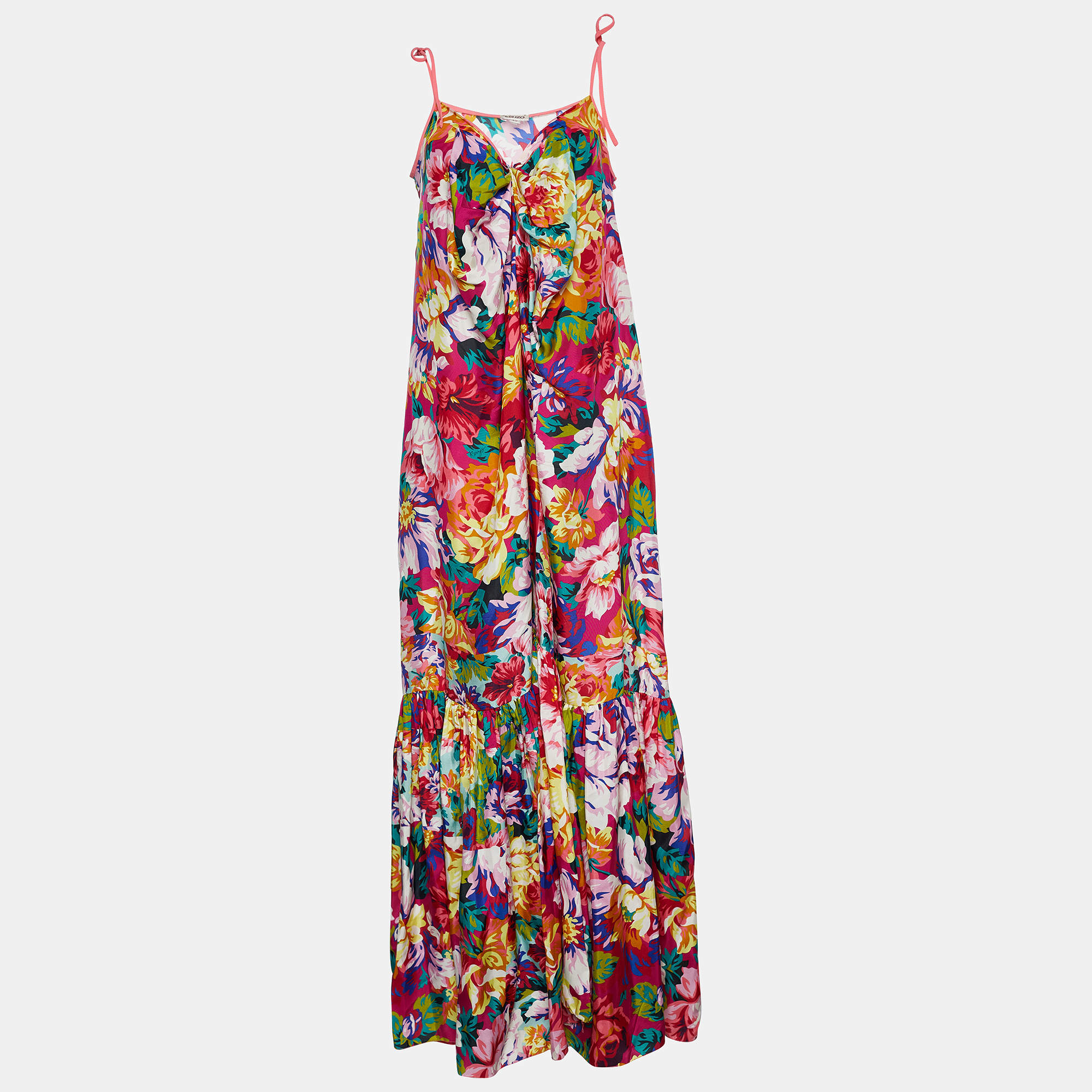 Pre Owned Kenzo Multicolor Floral Print Satin Silk Maxi Dress M