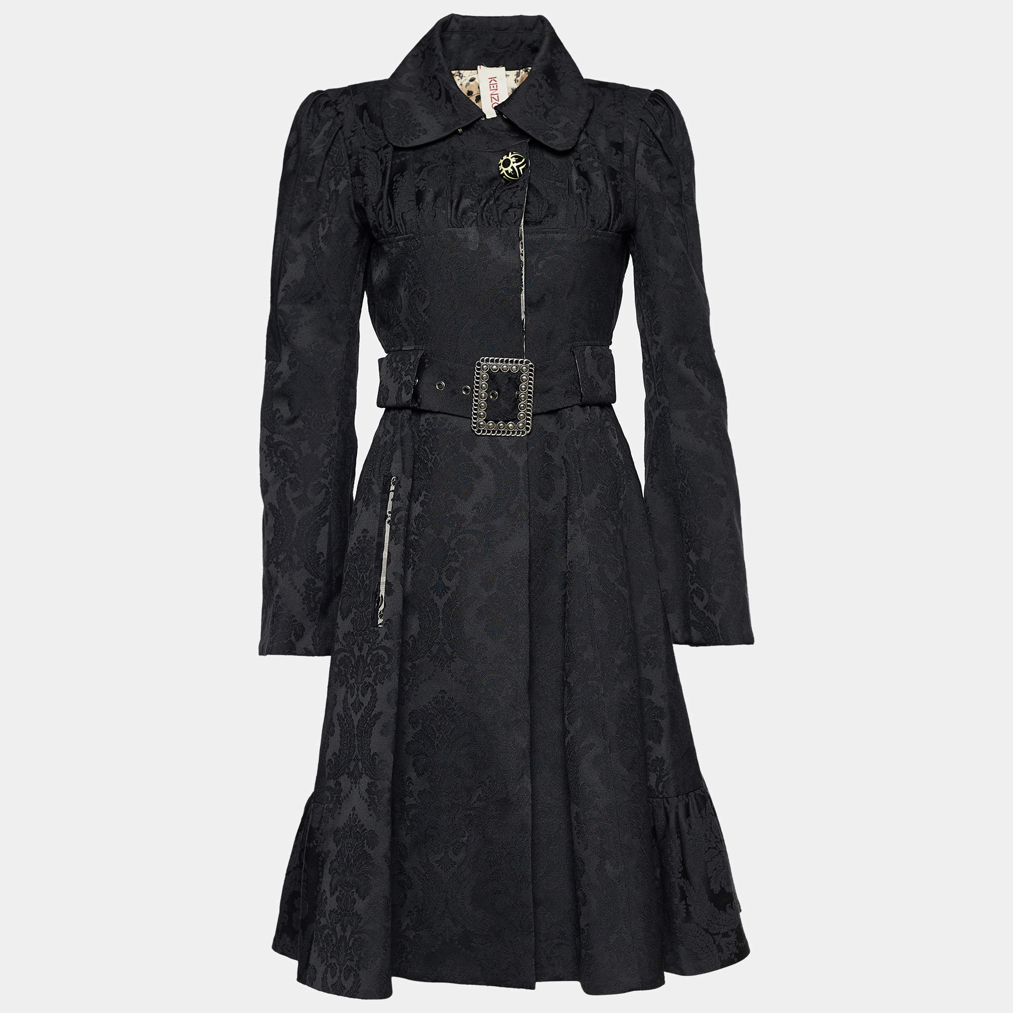 Kenzo Black Floral Jacquard Belted Single Breasted Coat M