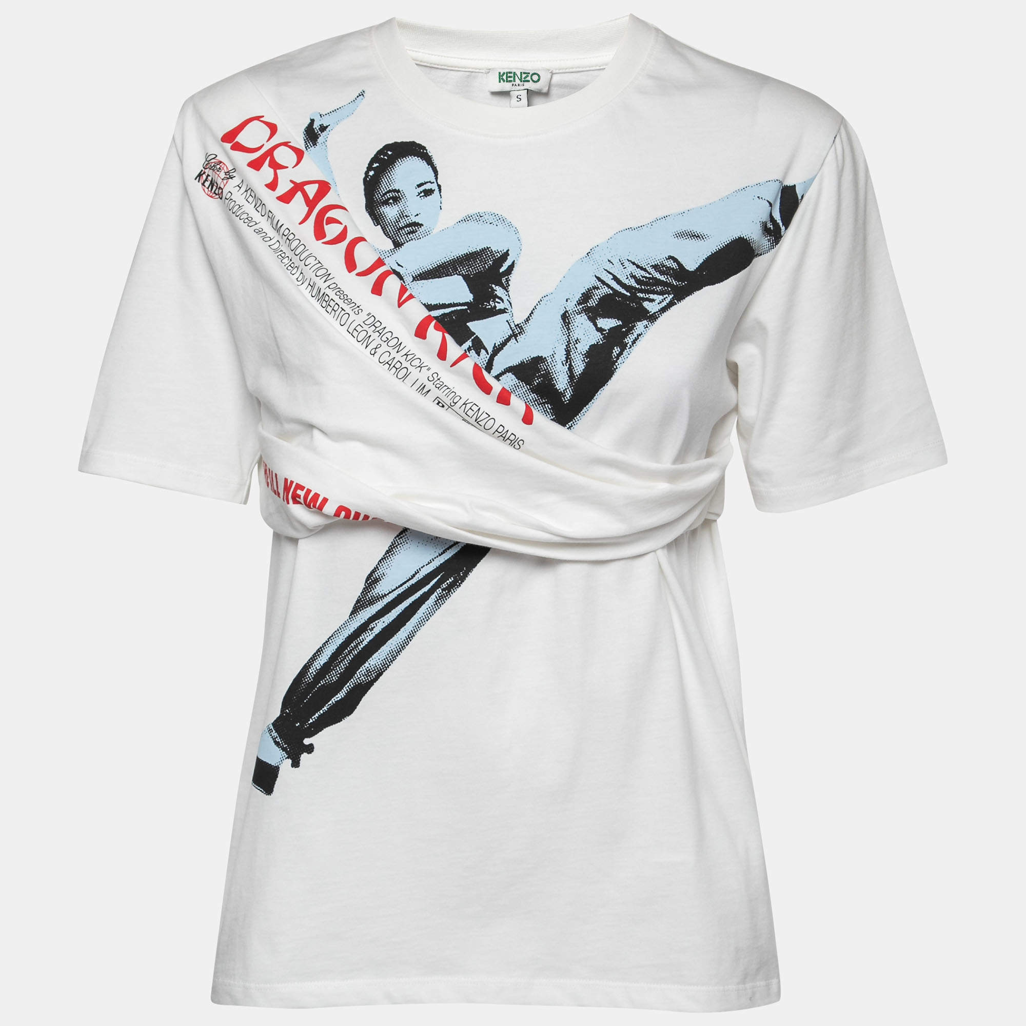 Pre Owned Kenzo White Dragon Kick Print Cotton Draped T-Shirt S