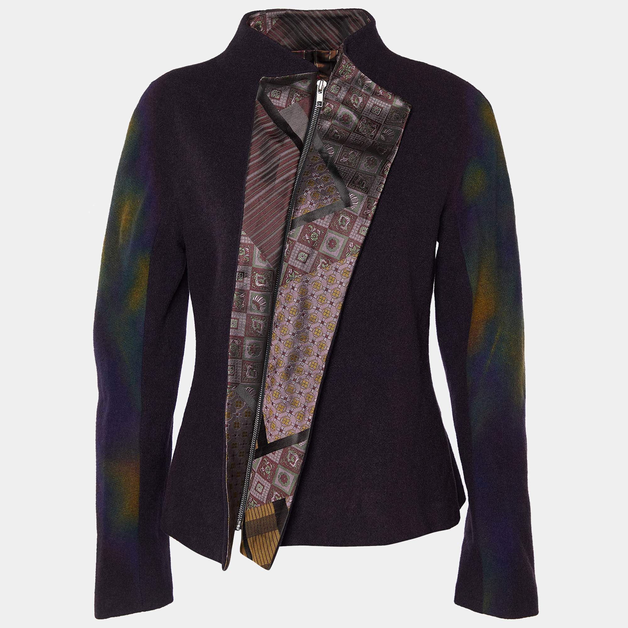 Pre Owned Kenzo Purple Spray Painted Wool Zip Front Jacket M