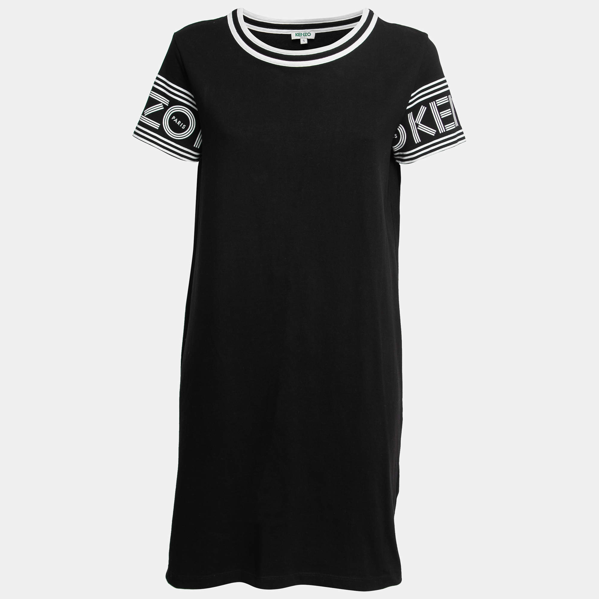Pre Owned Kenzo Black Cotton Knit Logo Print Midi Dress S