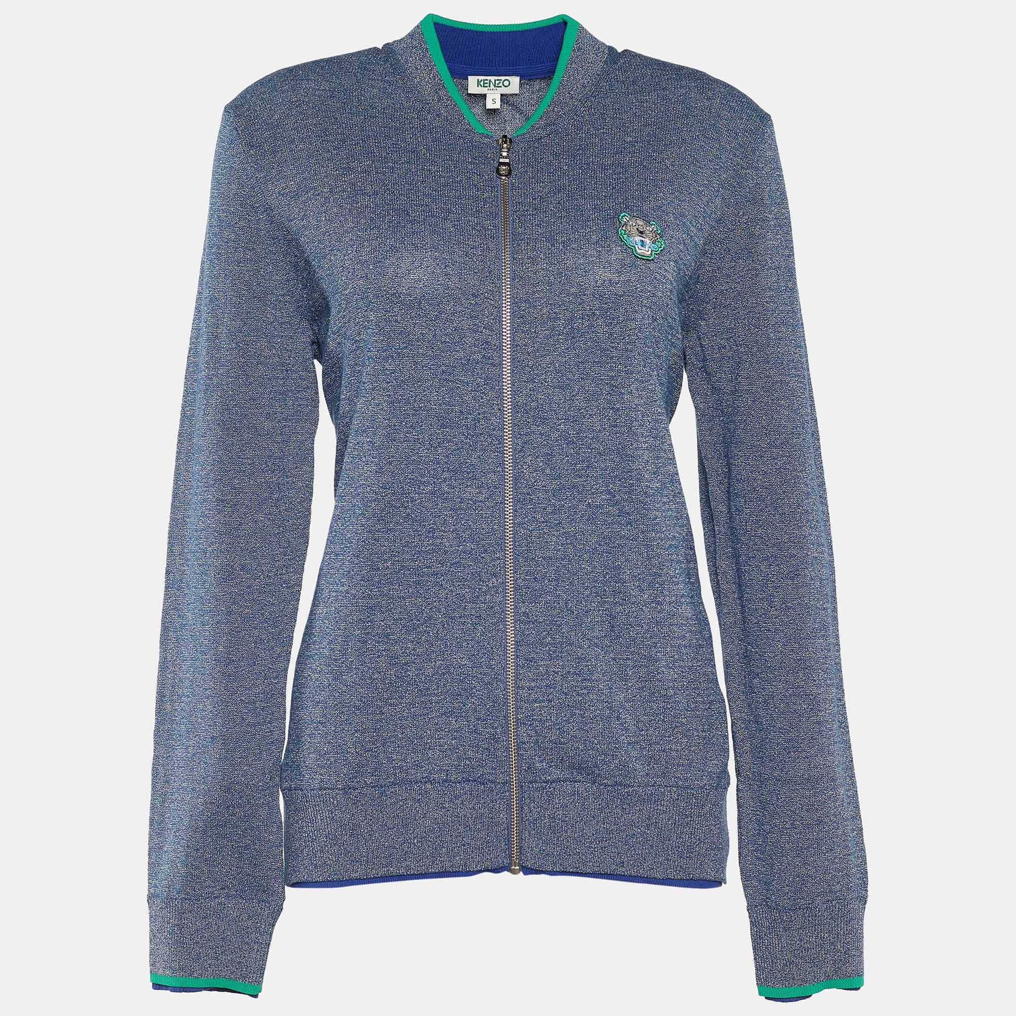 Pre Owned Kenzo Blue Mélange Cotton Tiger Patch Zip Front Cardigan S