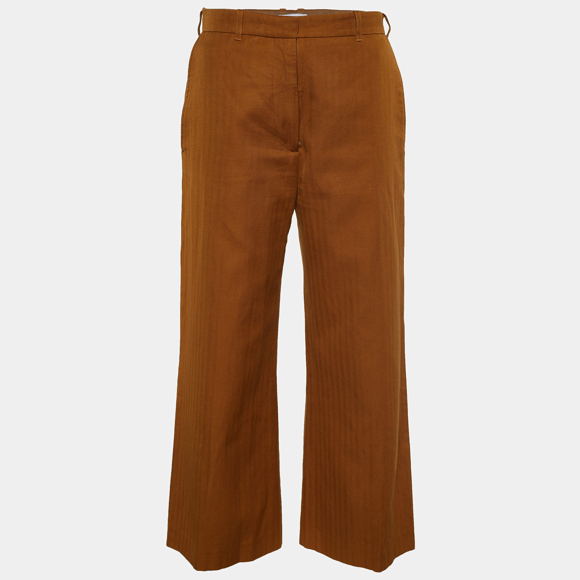 Pre Owned Kenzo Brown Herringbone Cropped Wide Leg Trousers M