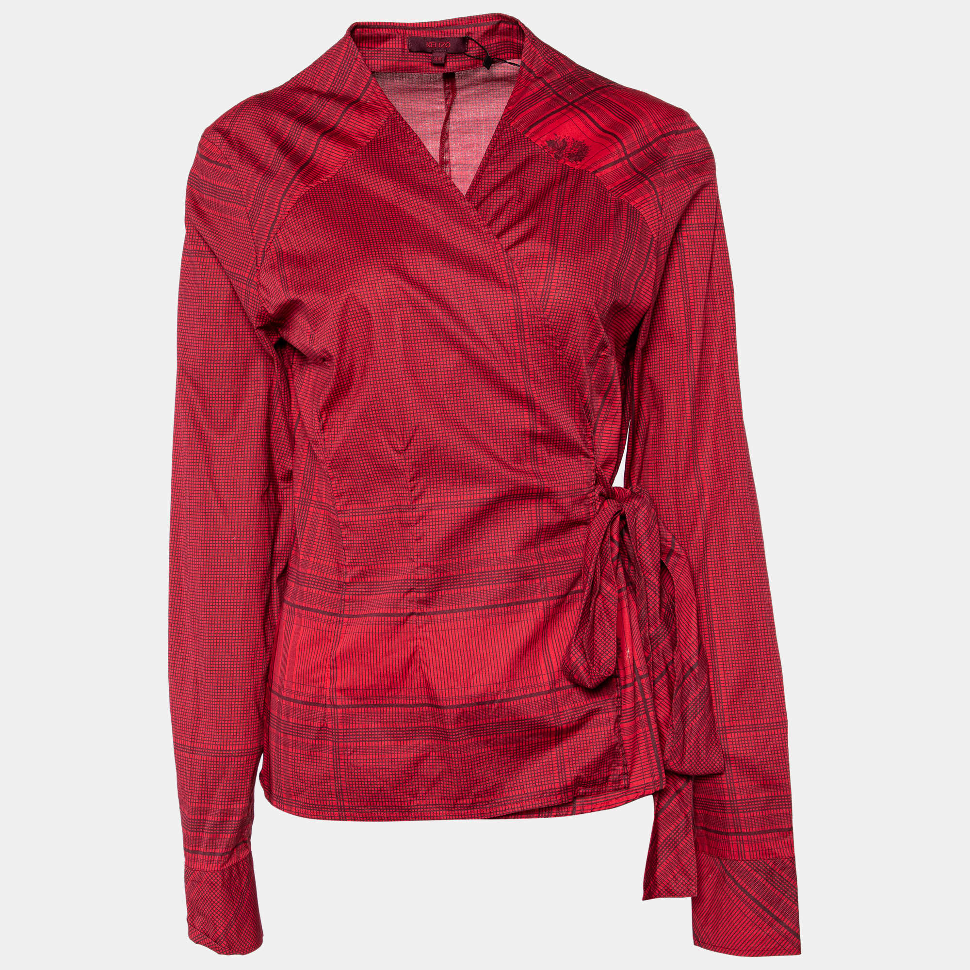 Pre Owned Kenzo Red Printed Cotton Front Tie Detail Blouse L