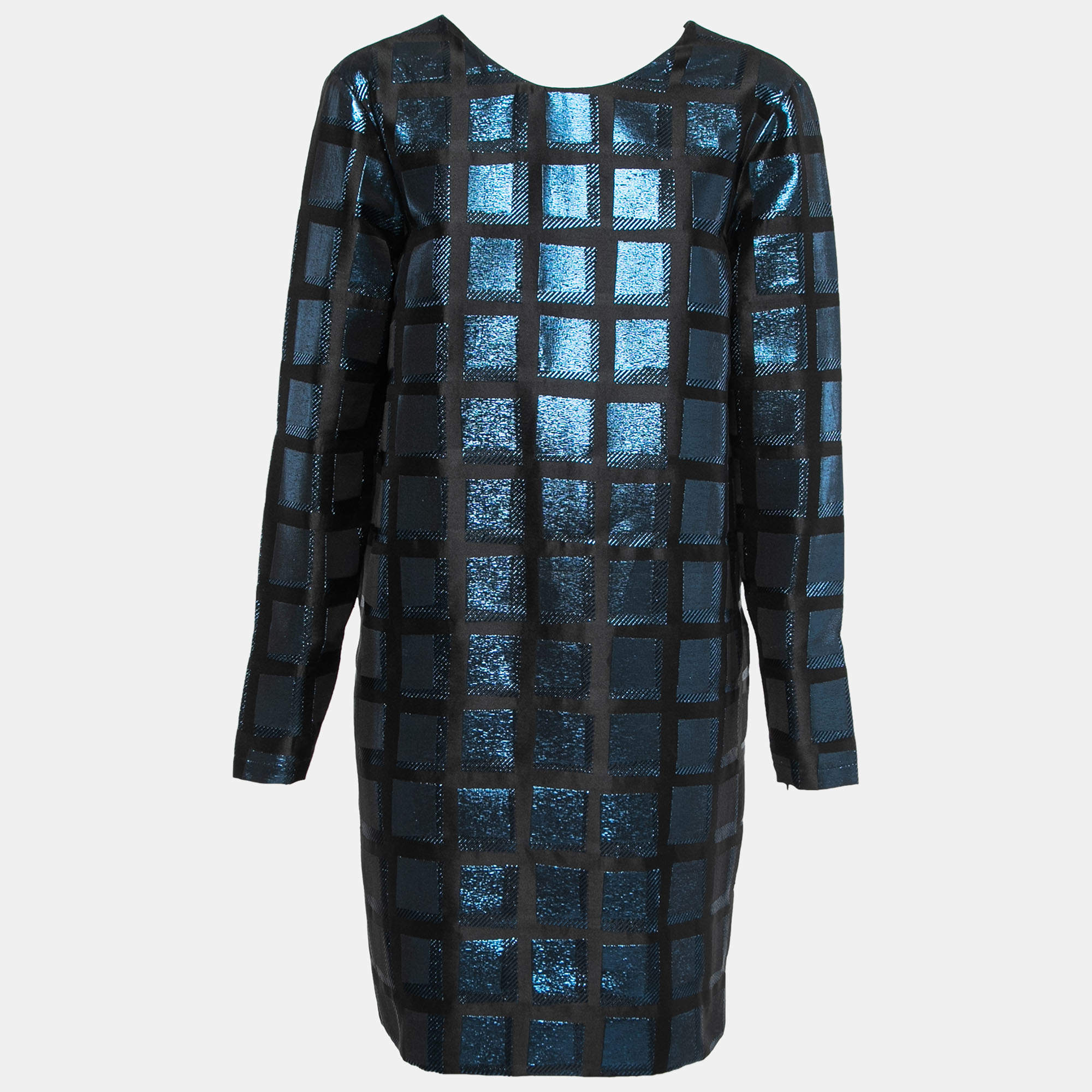 Pre Owned Kenzo Black & Blue Metallic Square Jacquard Shift Dress L