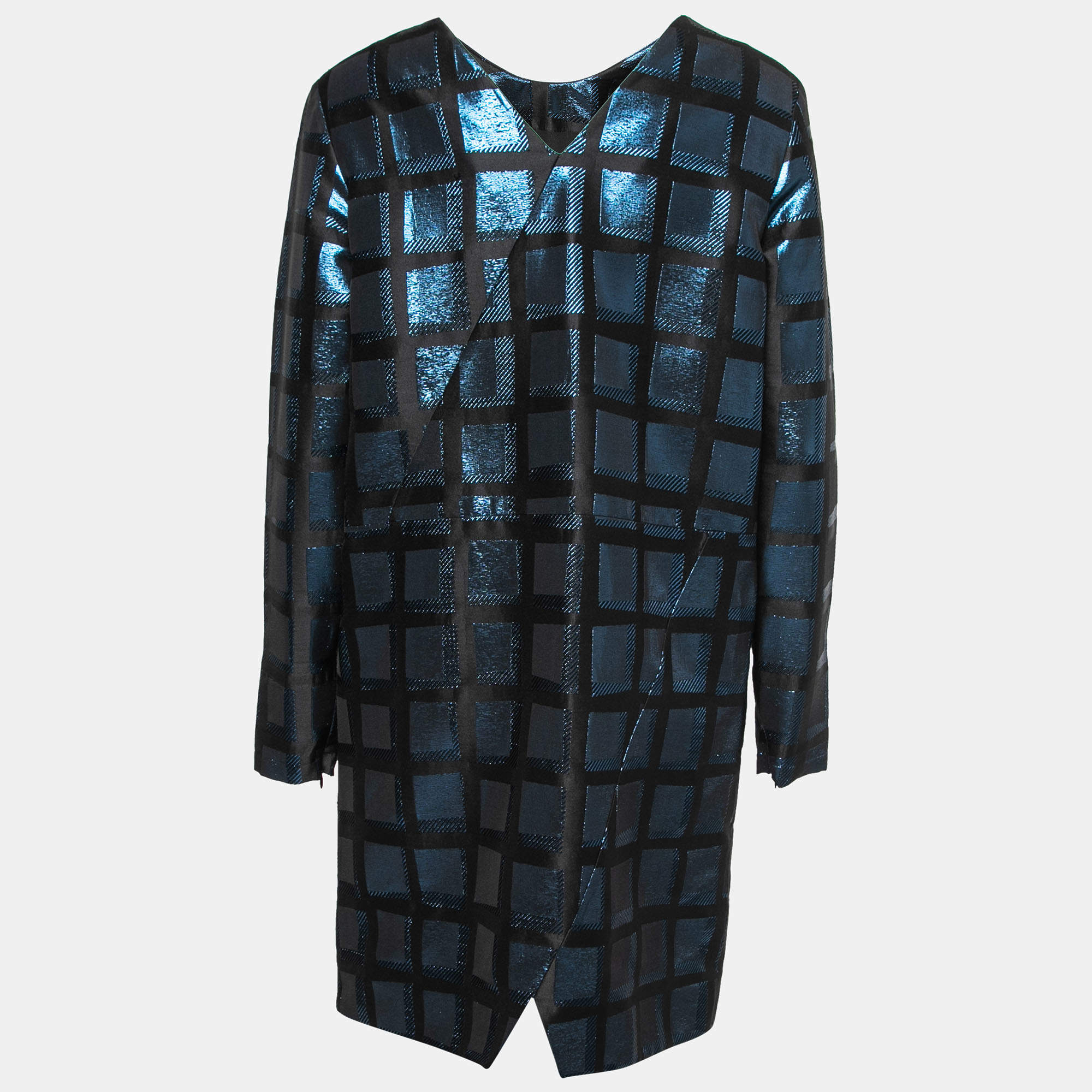 Kenzo Black & Blue Metallic Square Jacquard Shift Dress L