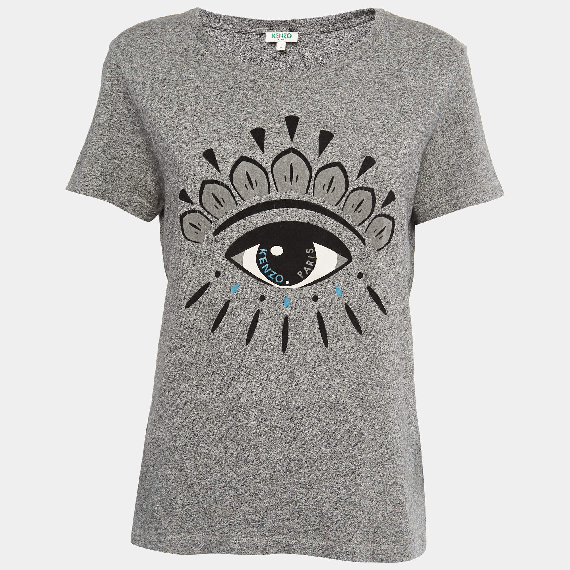 Pre Owned Kenzo Grey Eye Flocked Roundneck T-Shirt L