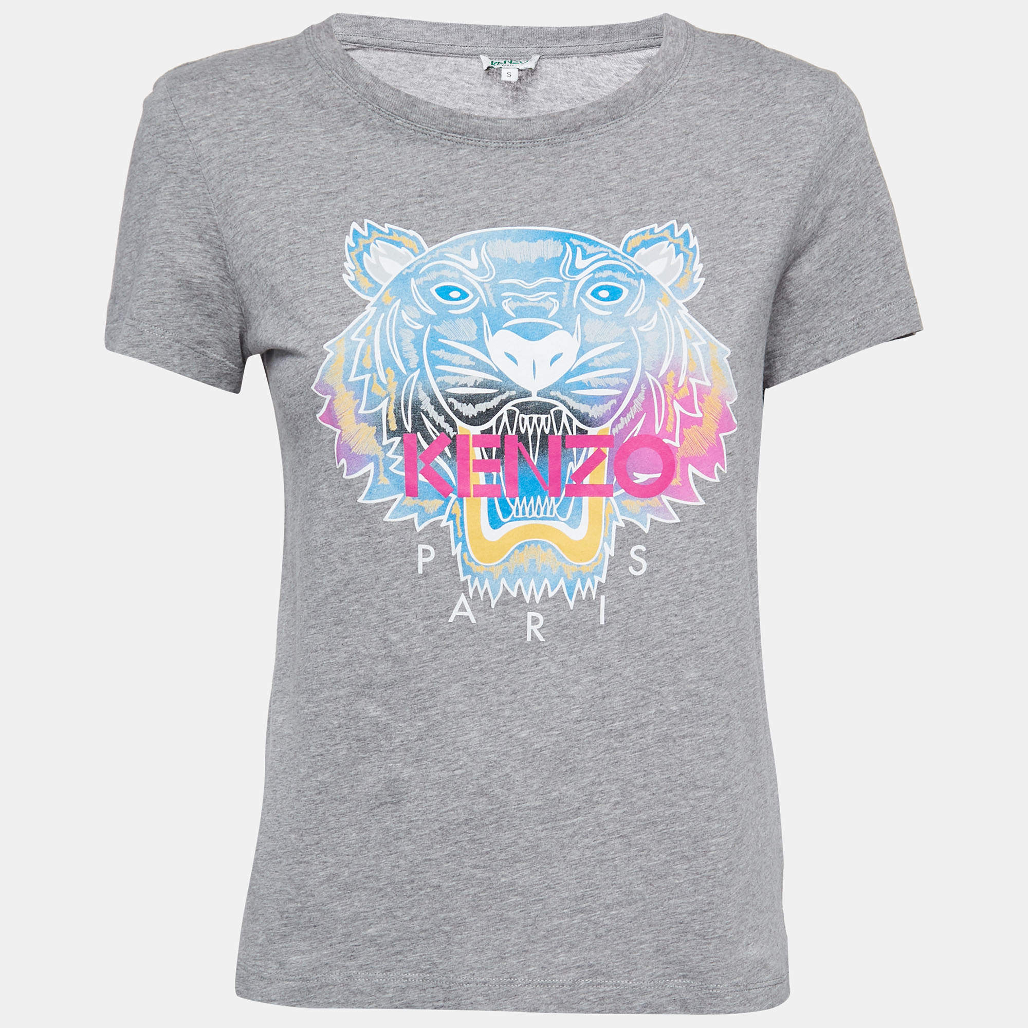 Pre Owned Kenzo Grey Tiger Printed Cotton Knit Round Neck T-Shirt S