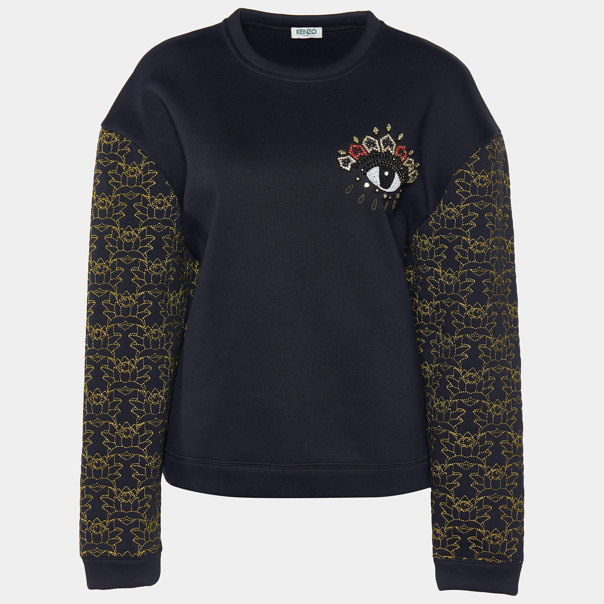Pre Owned Kenzo Black Knit Eye Embellished Embroidered Sleeve Jumper S