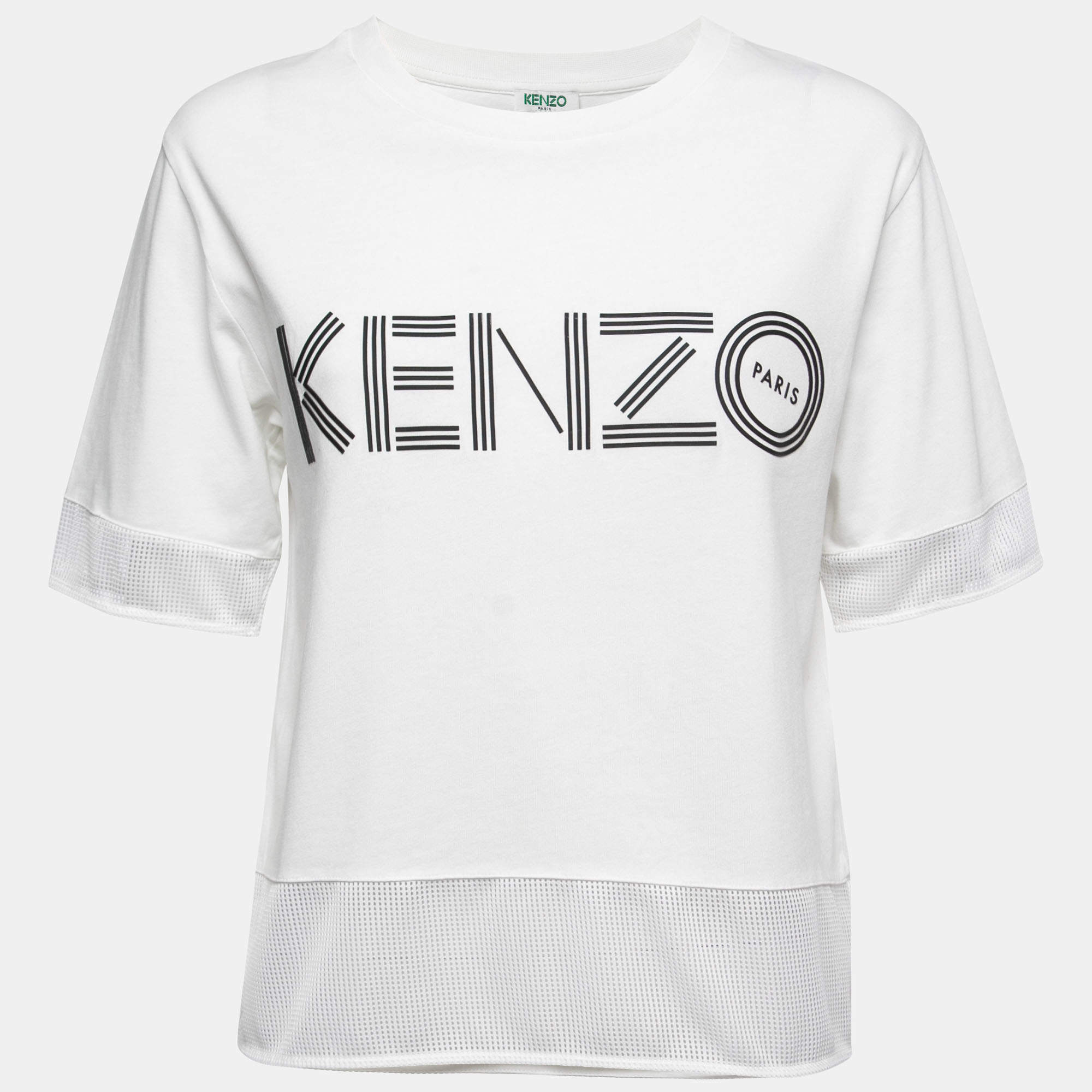 Pre Owned Kenzo White Cotton & Mesh Contrast Logo T-Shirt M