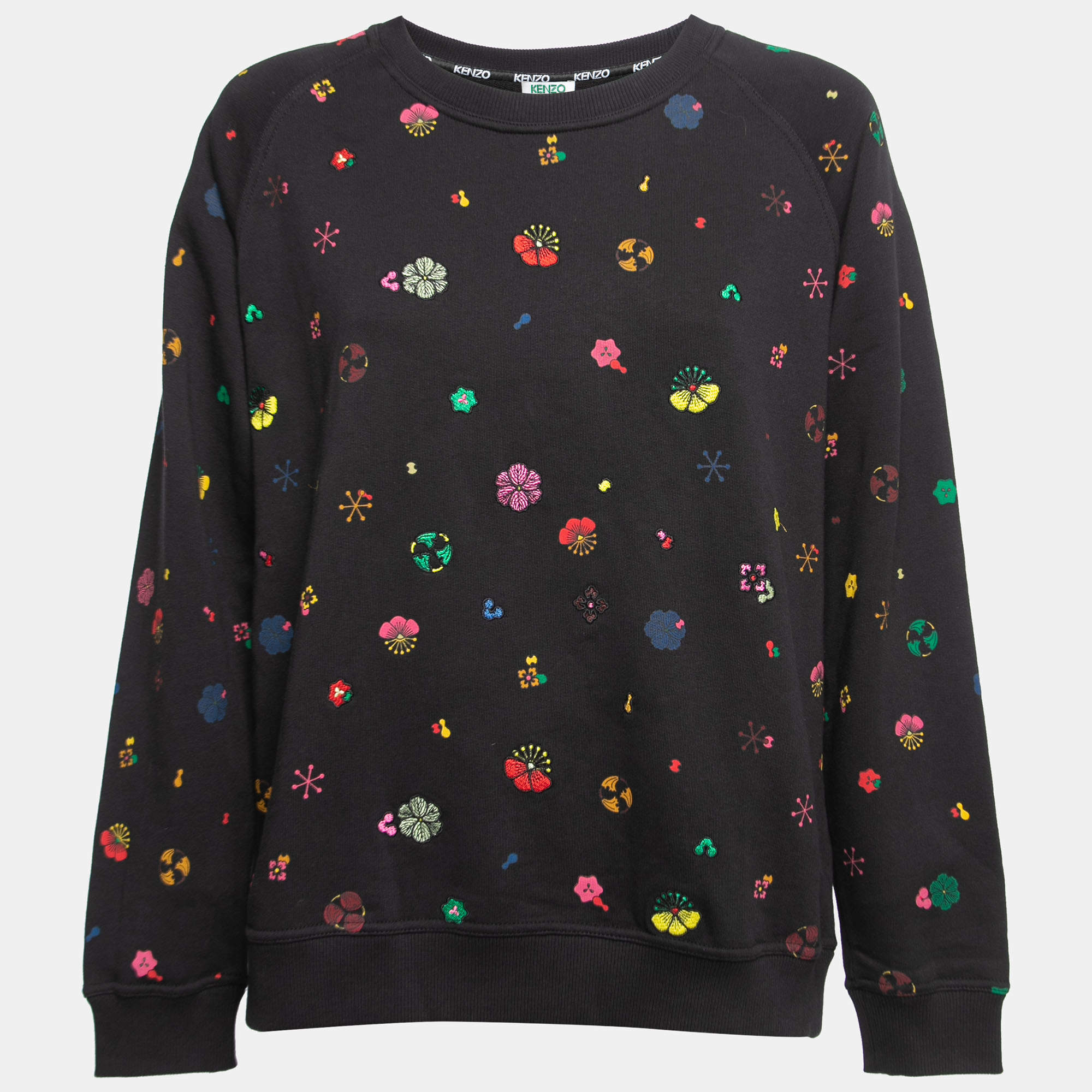Pre Owned Kenzo Black Floral Motif Printed & Embroidered Cotton Sweatshirt XL