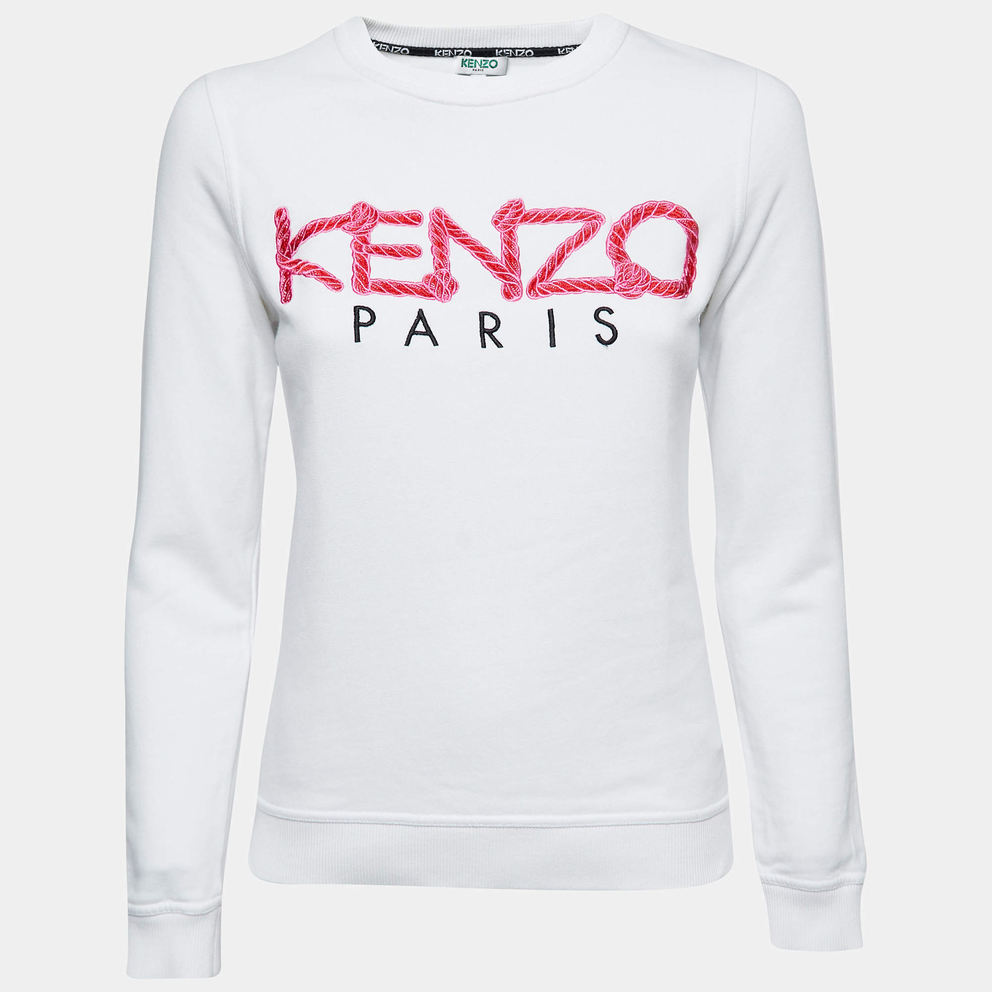 Pre Owned Kenzo White Cotton Logo Embroidered Sweatshirt XS