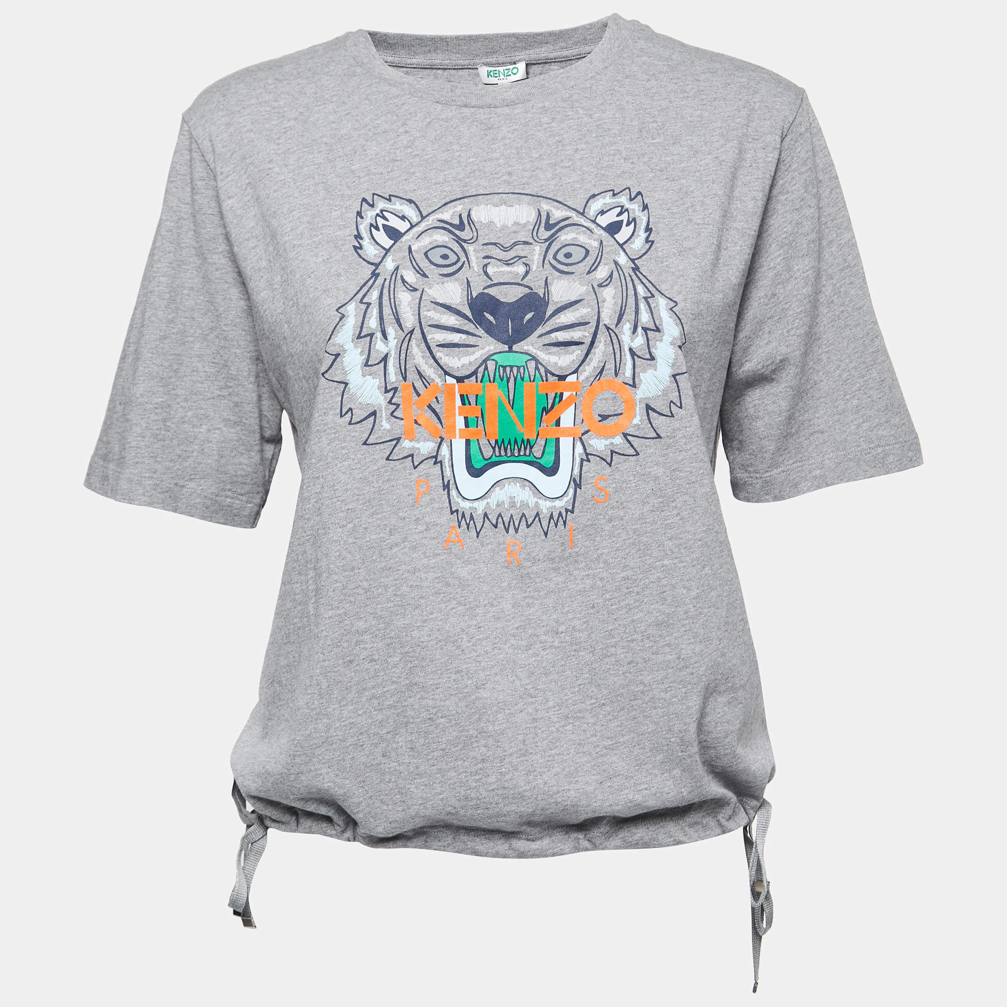 Pre Owned Kenzo Grey Cotton Tiger Motif Short Sleeve T-Shirt M