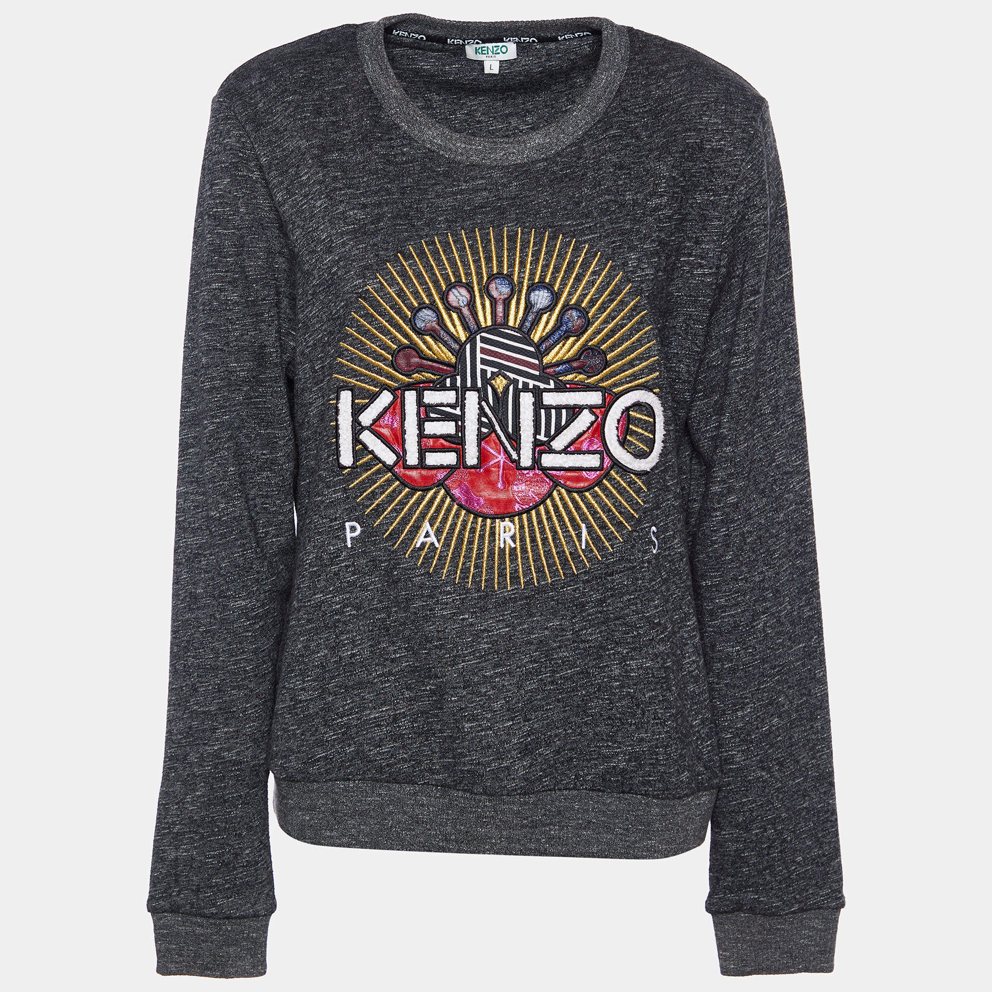 Pre Owned Kenzo Grey Tanami Flower Applique Cotton Knit Sweatshirt L