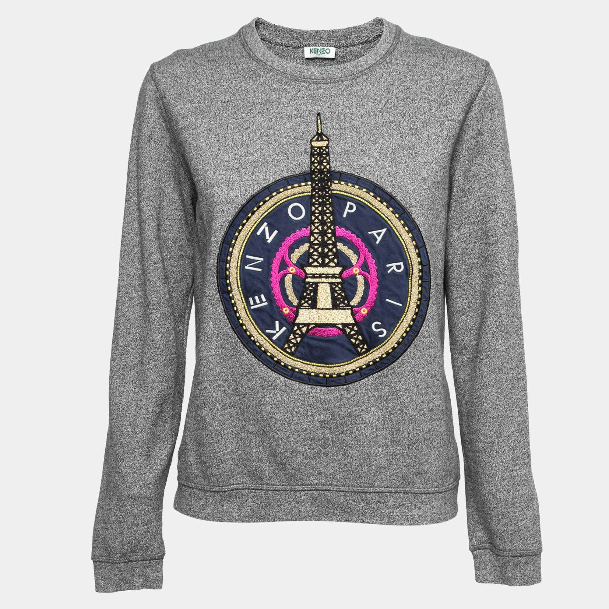 Kenzo Grey Cotton Knit Eiffel Tower Embroidered Sweatshirt M | TLC