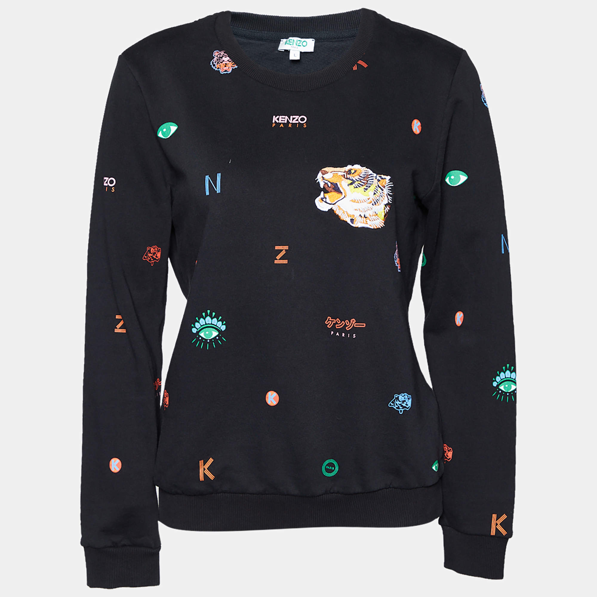 Pre Owned Kenzo Black Mini Logos Printed Cotton Knit Sweatshirt L
