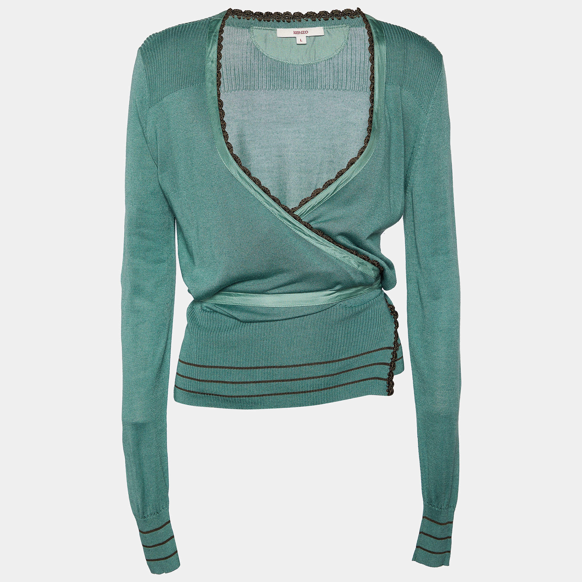 Kenzo Light Green Silk & Cashmere Knit Wrap Cardigan L