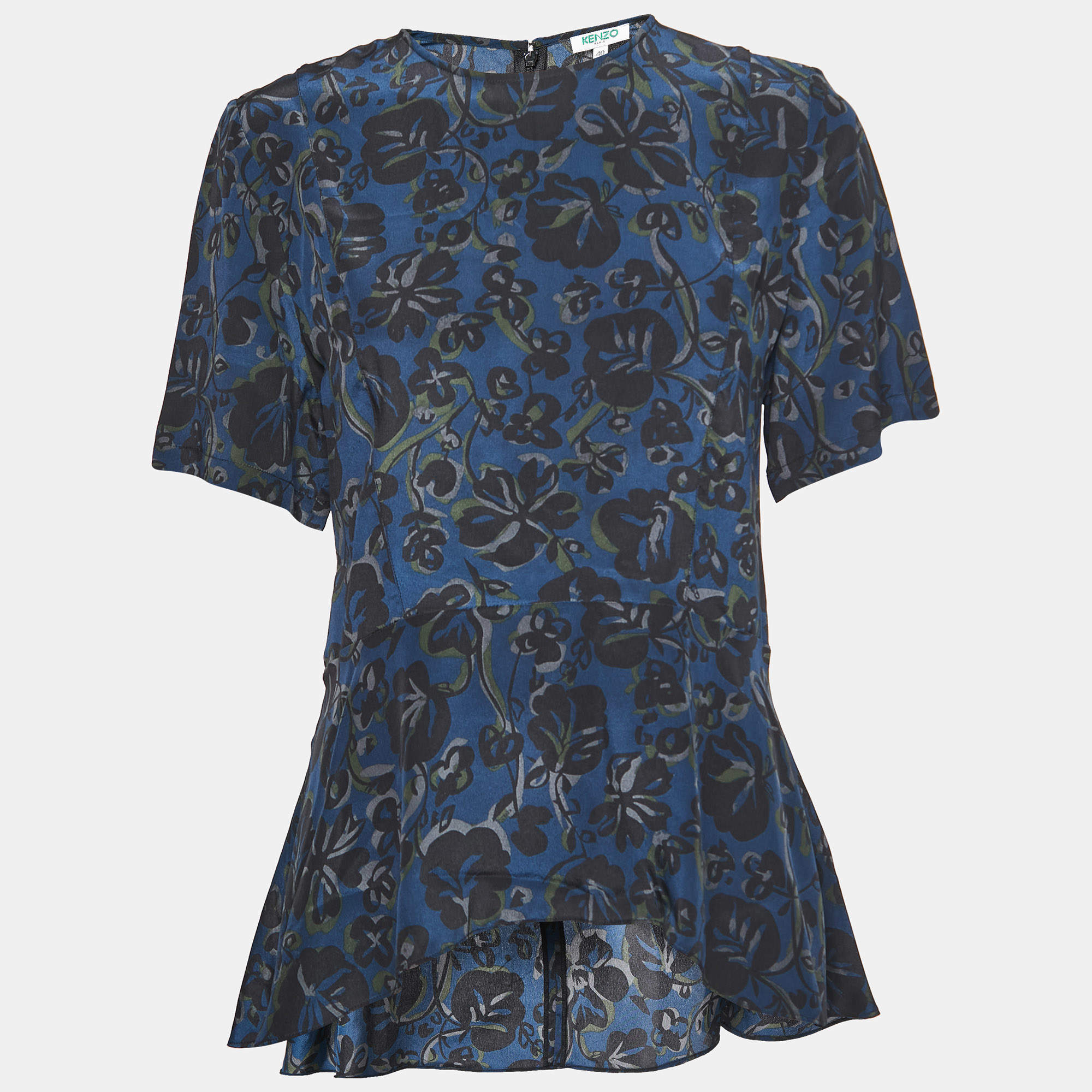 Pre Owned Kenzo Navy Blue Floral Printed Silk Asymmetrical Peplum Top M