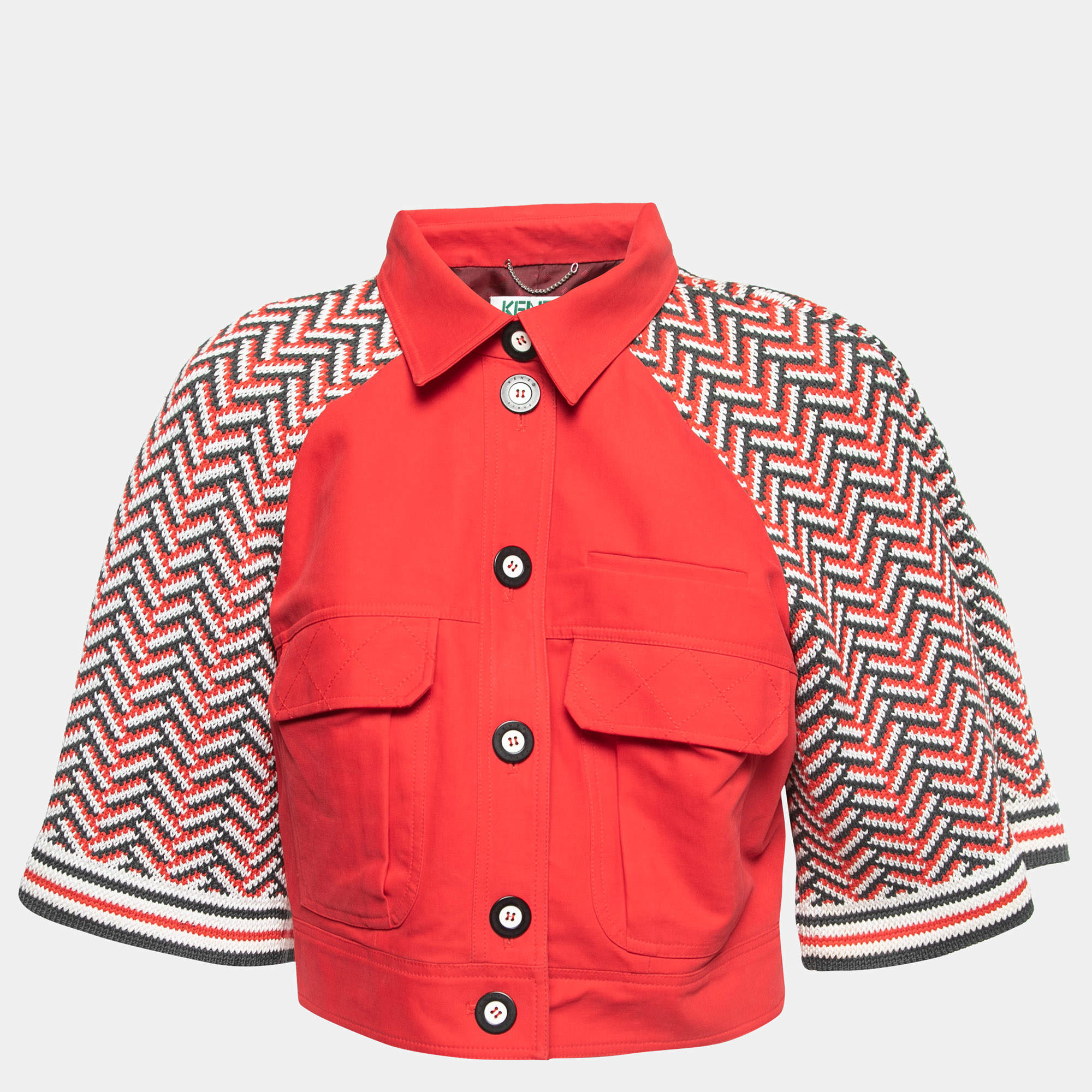 Kenzo Red Cotton Pattern Knitted Sleeves Button Front Cropped Jacket L