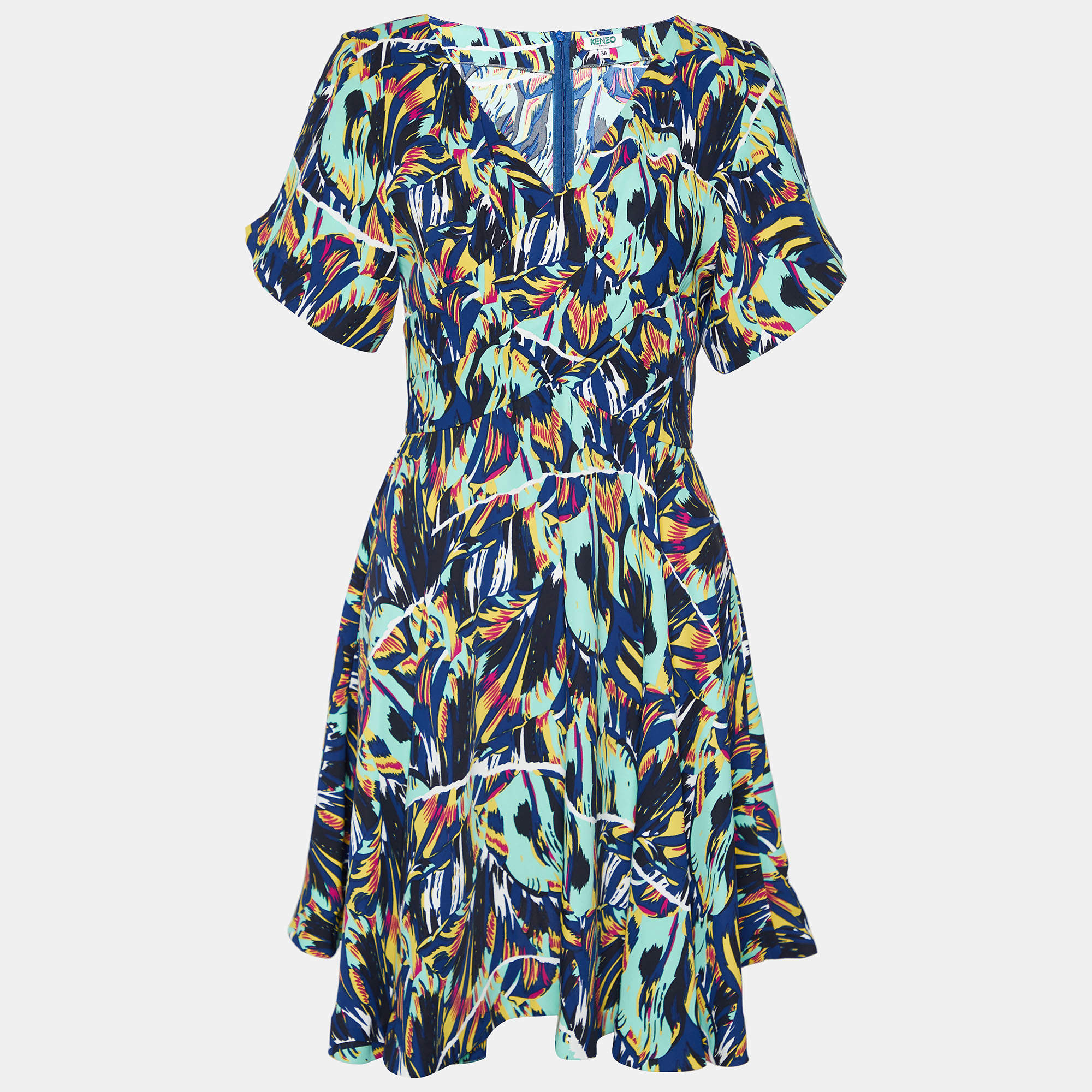 Pre Owned Kenzo Multicolor Printed Crepe Draped Mini Dress S