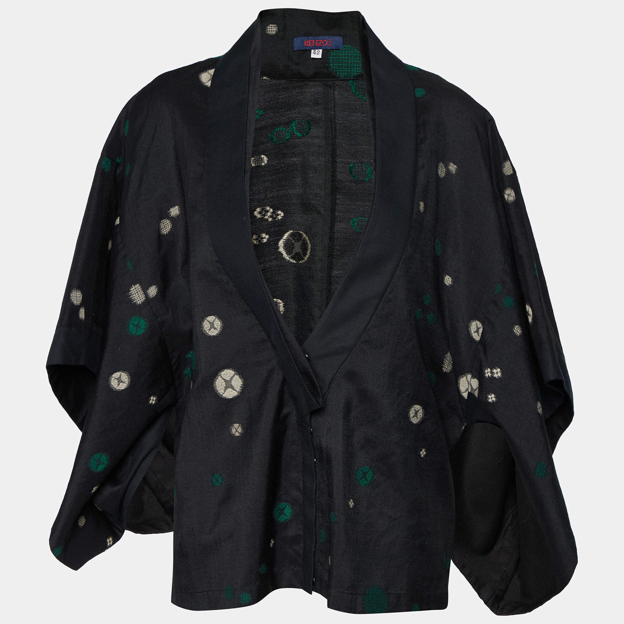 Kenzo Black Jacquard Kimono Button Front Shrug L