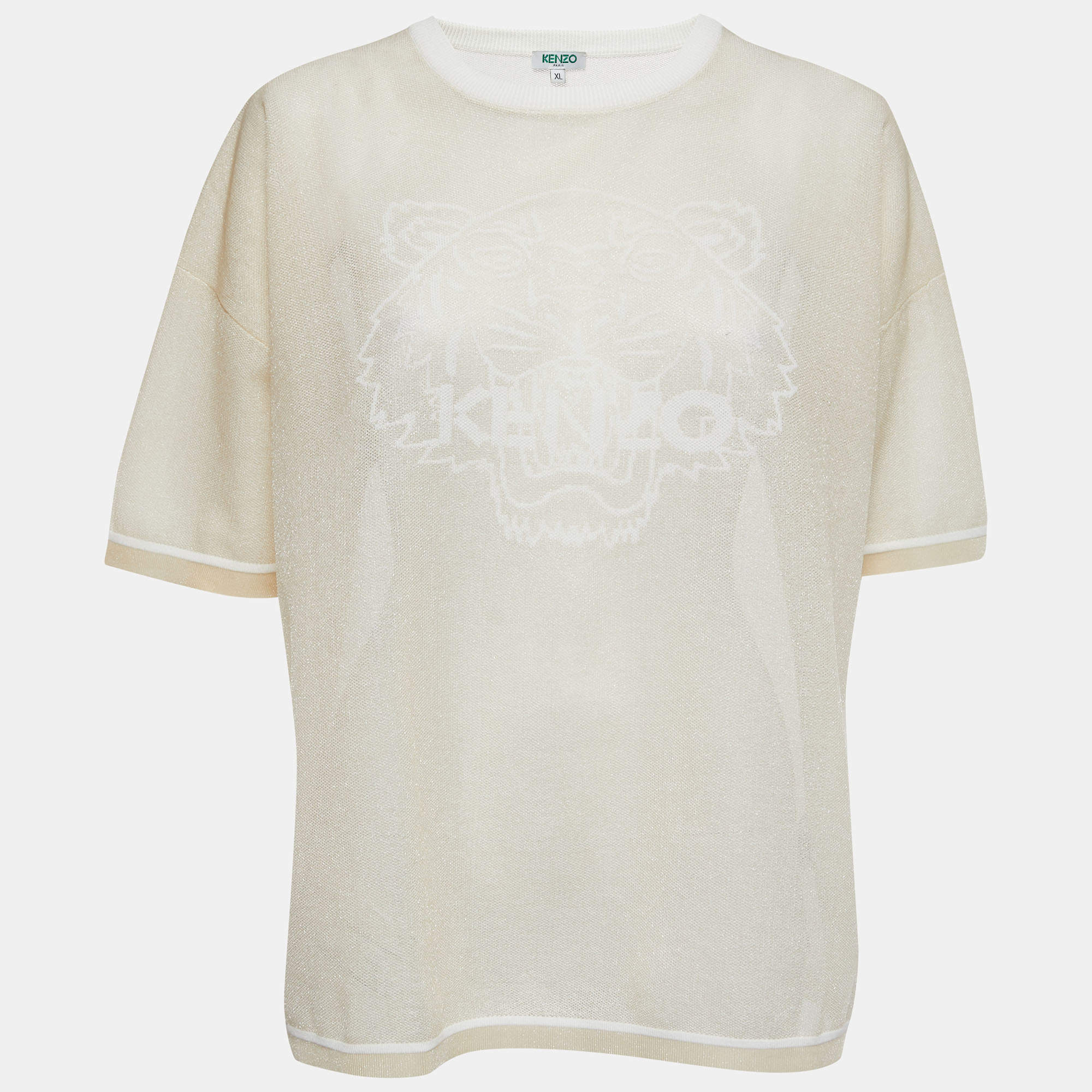 Pre Owned Kenzo Beige Tiger Motif Lurex Knit T-Shirt XL
