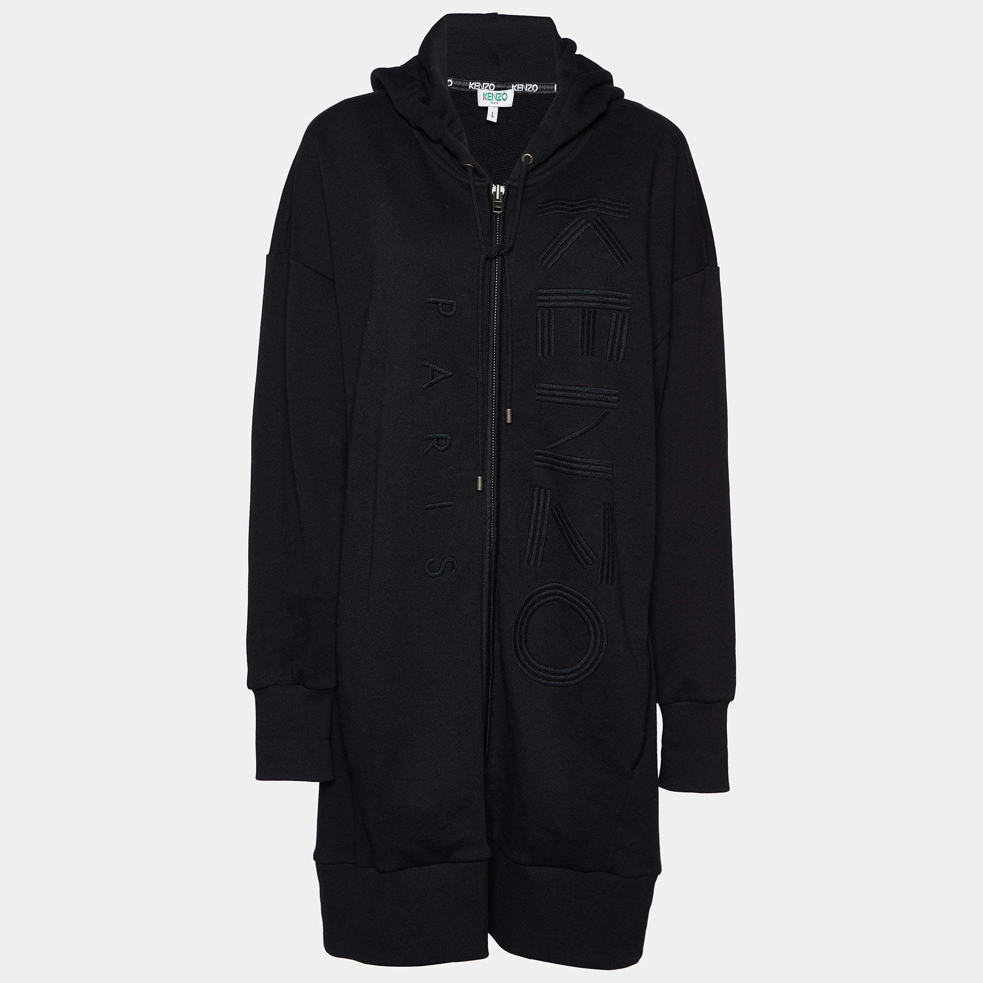 Pre Owned Kenzo Black Logo Embroidered Cotton Knit Hooded Coat L
