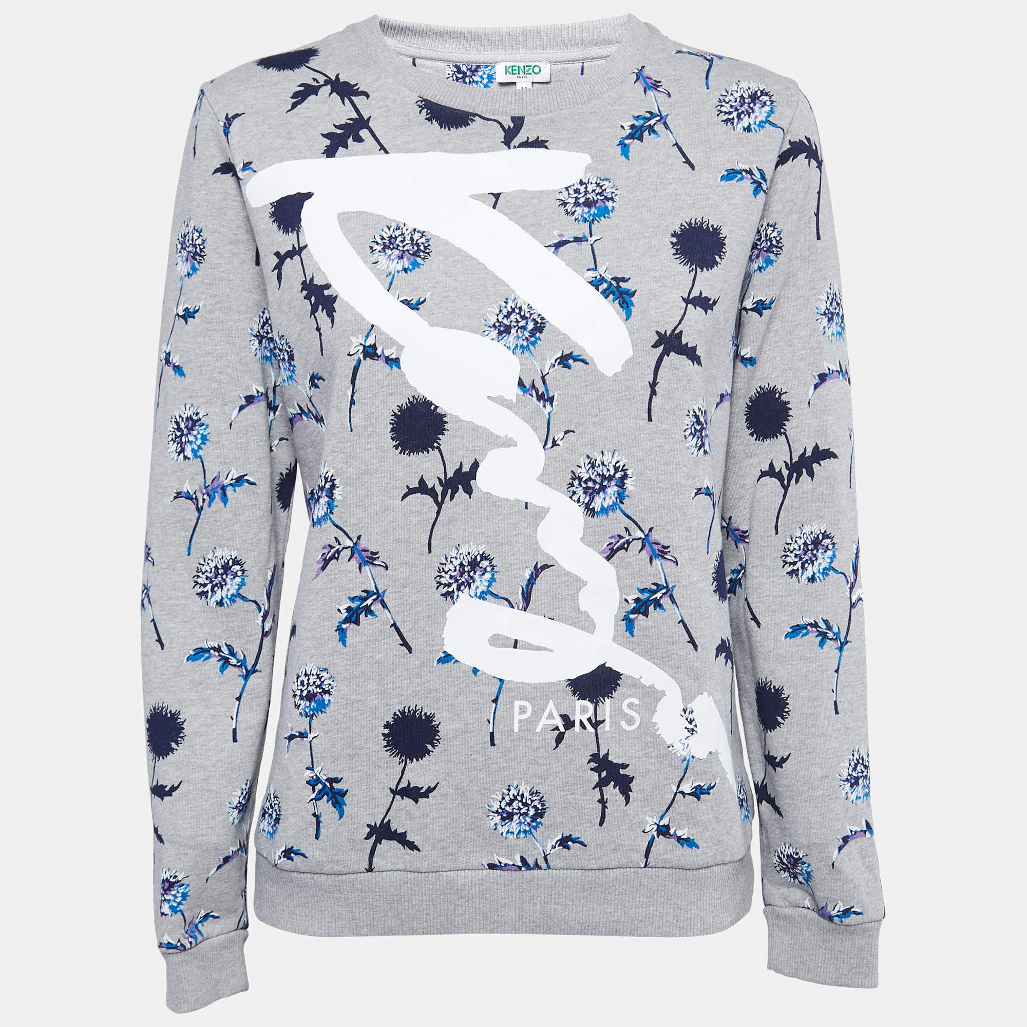 Pre Owned Kenzo Grey Floral Printed Cotton Crew Neck Sweatshirt M