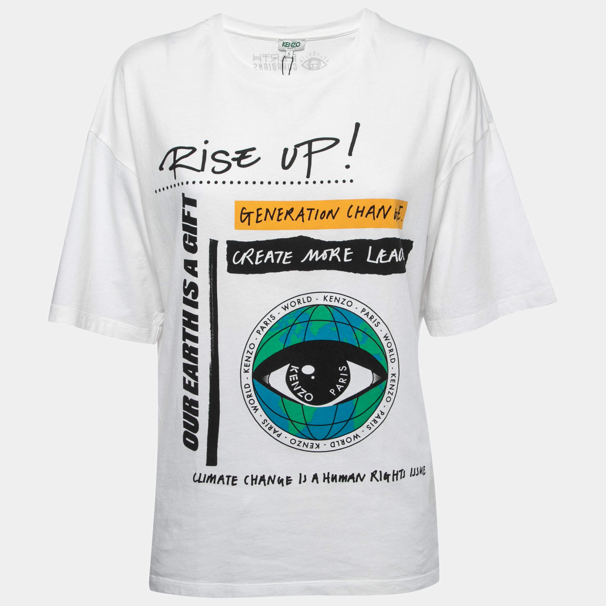 Pre Owned Kenzo White Cotton Rise Up Print T-Shirt S