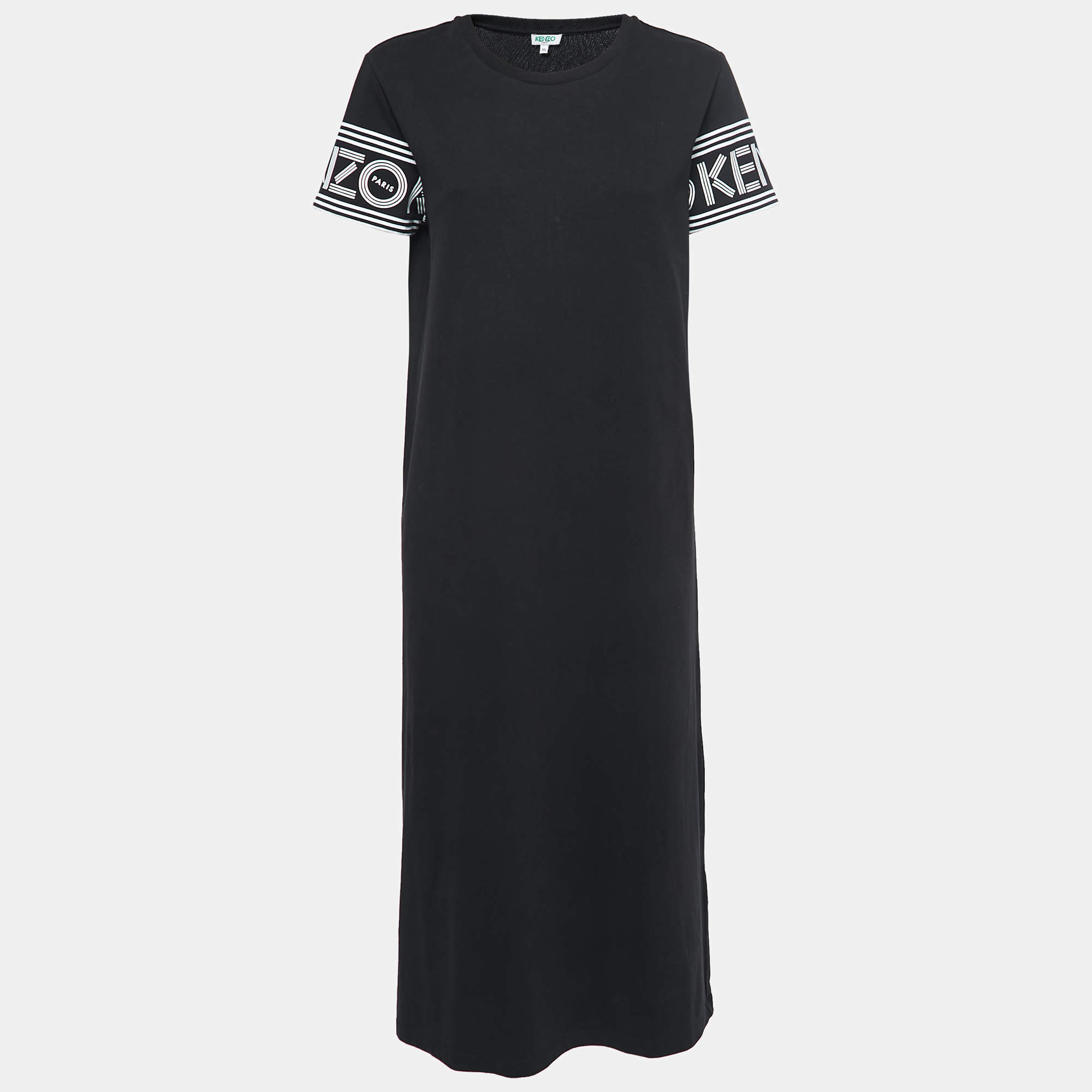 Pre Owned Kenzo Black Cotton Logo Printed Sleeve Detail Midi Dress M